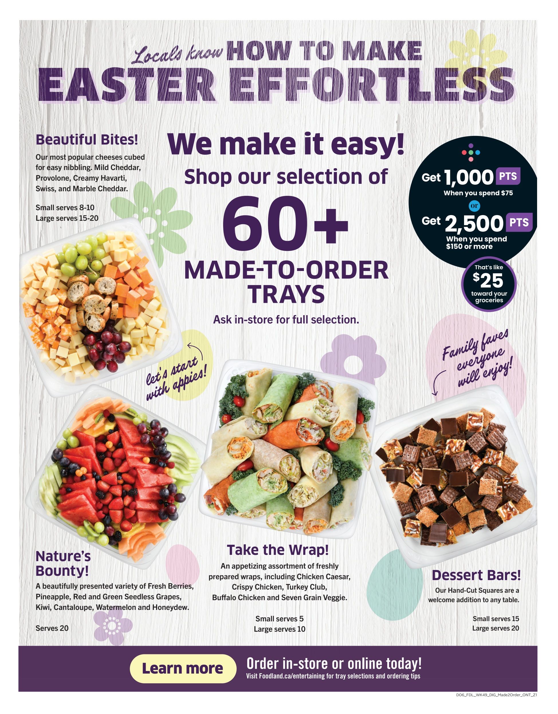 Foodland Ontario flyer, page 12, featuring Easter effortless entertaining ideas. Highlights include over 60 made-to-order trays. Options include 'Beautiful Bites' cheese trays with Mild Cheddar, Provolone, Creamy Havarti, Swiss, and Marble Cheddar, available in small (serves 8-10) and large (serves 15-20) sizes. 'Nature's Bounty' fruit trays feature Fresh Berries, Pineapple, Red and Green Seedless Grapes, Kiwi, Cantaloupe, Watermelon, and Honeydew, serving 20. 'Take the Wrap!' offers freshly prepared wraps with varieties like Chicken Caesar, Crispy Chicken, Turkey Club, Buffalo Chicken, and Seven Grain Veggie, in small (serves 5) and large (serves 10) sizes. 'Dessert Bars!' include Hand-Cut Squares, available in small (serves 15) and large (serves 20). Earn 1,000 bonus points when you spend $75, or 2,500 bonus points when you spend $150 or more, which is like $25 toward groceries. Order in-store or online today at Foodland.ca/entertaining for tray selections and ordering tips.