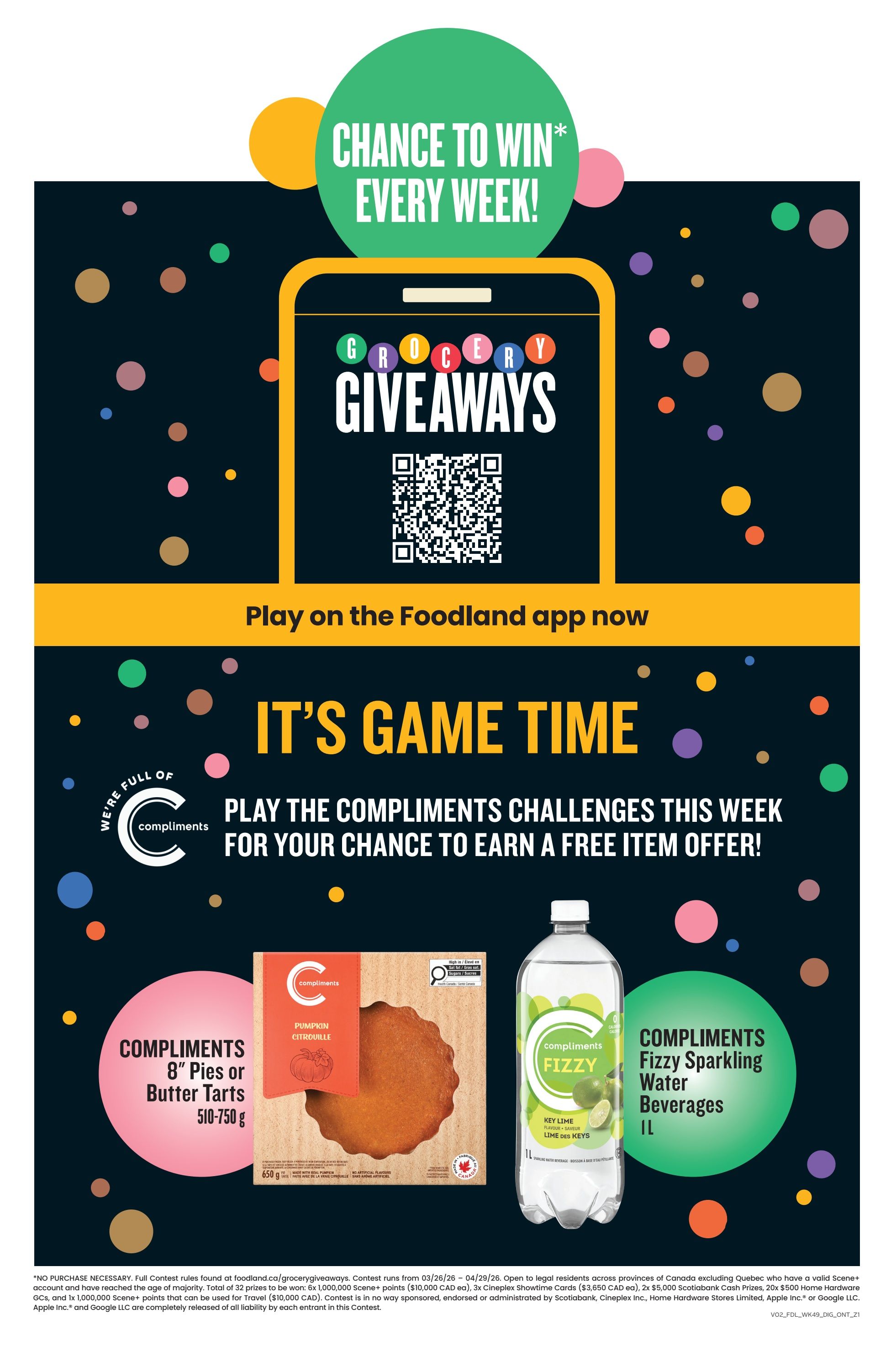 Foodland Ontario flyer page 15 features a 'Grocery Giveaways' promotion with a chance to win every week by playing on the Foodland app. It also highlights 'It's Game Time' where customers can play Compliments challenges to earn a free item offer. Featured products include Compliments 8' Pies or Butter Tarts (510-750 g) and Compliments Fizzy Sparkling Water Beverages (1 L) in Key Lime flavour. A disclaimer about the contest rules and eligibility is provided at the bottom.