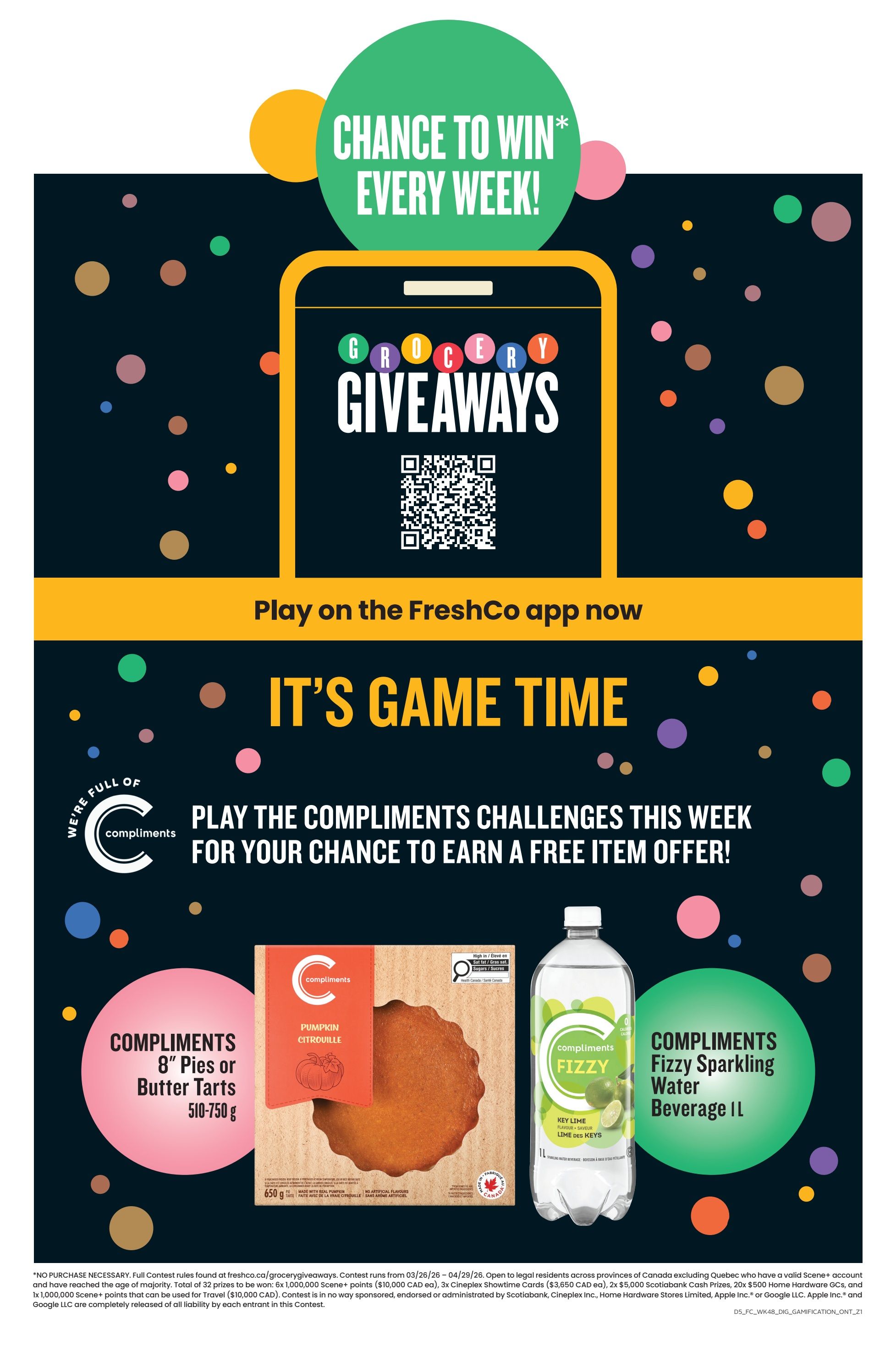 FreshCo flyer page 10 features a promotion for Compliments products. Play the Compliments Challenges this week for a chance to earn a free item offer. Featured products include Compliments 8' Pies or Butter Tarts (510-750 g) and Compliments Fizzy Sparkling Water Beverage in Key Lime flavour (1 L). The page also advertises a 'Grocery Giveaways' promotion with a chance to win every week, playable on the FreshCo app.