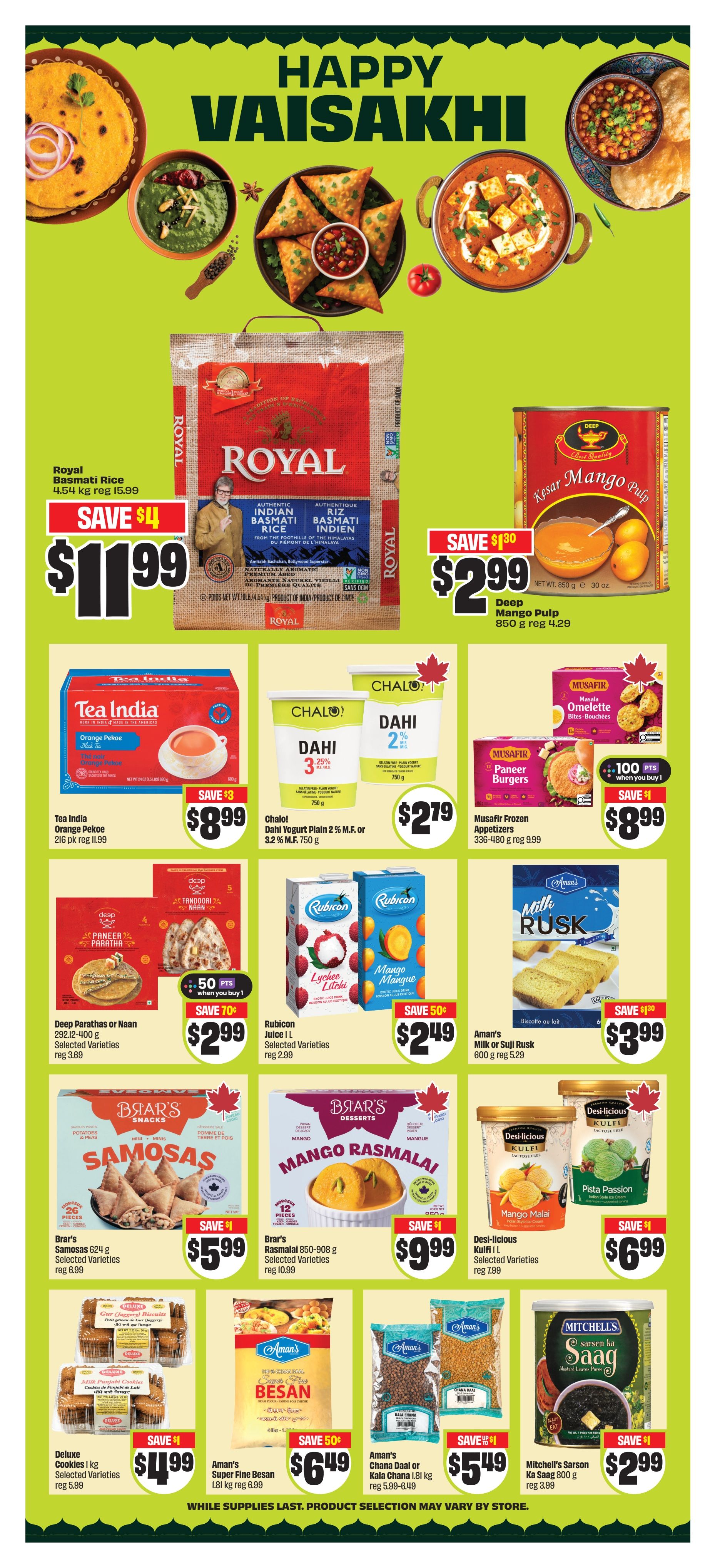 FreshCo Ontario flyer, page 12, featuring Happy Vaisakhi specials. Highlights include Royal Basmati Rice 4.54 kg for $11.99 (save $4), Deep Mango Pulp 850 g for $2.99 (save $1.30), Tea India Orange Pekoe 216 pk for $8.99 (save $3), Chalo! Yogurt Plain 2% M.F. or 3.2% M.F. 750 g for $2.79, Musafir Frozen Appetizers 336-480 g for $8.99 (save $1), Deep Parathas or Naan 292-400 g for $2.99 (save $70), Rubicon Juice 1 L for $2.49 (save 50%), and Aman's Milk or Suji Rusk 600 g for $3.99 (save $1.30). Also featured are Brar's Samosas 624 g for $5.99 (save $1), Brar's Rasmalai 850-908 g for $9.99 (save $1), Desi-licious Kulfi 1 L in Mango Malai or Pista Passion for $6.99 (save $1), Aman's Super Fine Besan 1.81 kg for $6.49 (save 50%), Aman's Chana Daal or Kala Chana 1.81 kg for $5.49 (save $1), and Mitchell's Sarson Ka Saag 800 g for $2.99 (save $1).
