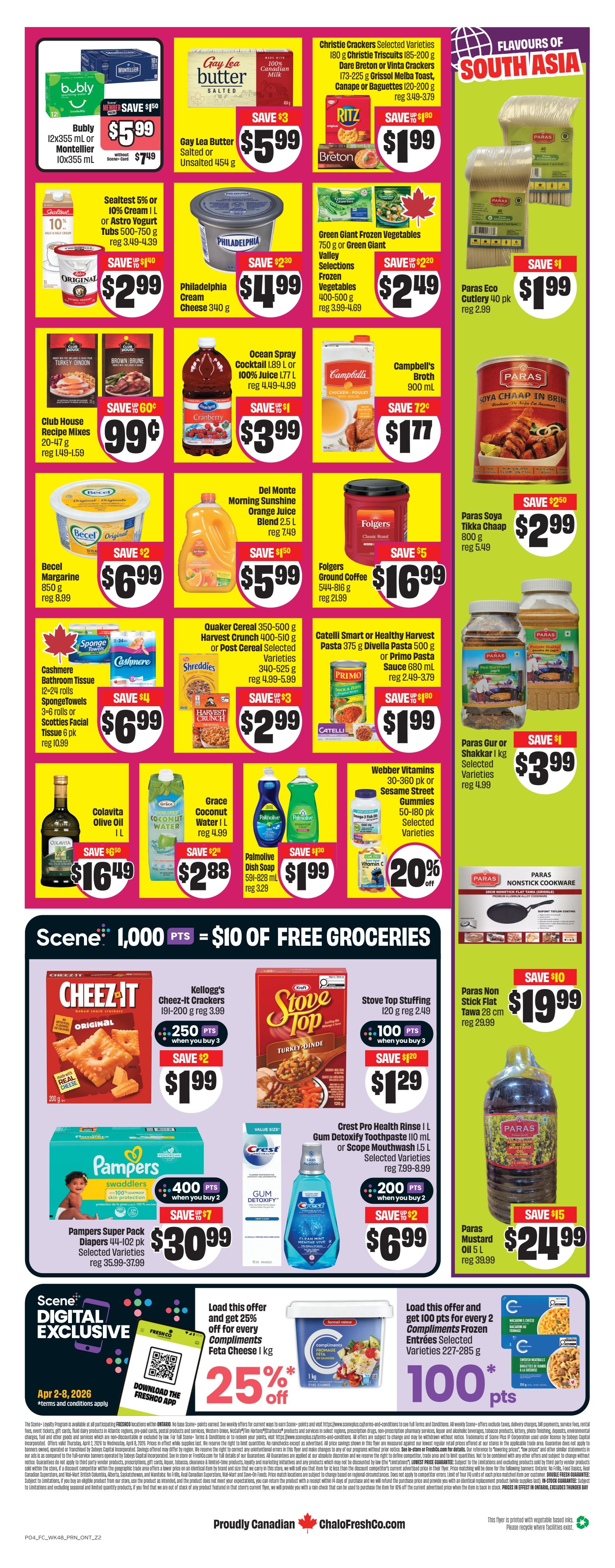 FreshCo Ontario flyer, page 2. Featured products include Bubly sparkling water 12x355 mL or Montellier 10x355 mL for $5.99, Gay Lea Butter salted or unsalted 454 g for $5.99, and Ritz or Breton crackers for $1.99. Also available are Christie Crackers for $1.99, Philadelphia Cream Cheese 340 g for $4.99, and Green Giant frozen vegetables 400-500 g for $2.49. Paras Eco Cutlery 40 pk is $1.99. Sealtest 5% or 10% cream or Astro Yogurt tubs 500-750 g are $2.99. Club House Recipe Mixes 20-47 g are $0.99. Ocean Spray Cocktail 1.89 L or juice 1.77 L are $3.99. Campbell's Broth 900 mL is $1.77. Folgers Ground Coffee 544-816 g is $16.99. Becel Margarine 850 g is $6.99. Del Monte Morning Sunshine Orange Juice Blend 2.5 L is $5.99. Paras Soya Chaap 800 g is $2.99. Quaker Cereal 350-500 g or Harvest Crunch 400-510 g or Post Cereal 340-525 g are $2.99. Catelli Smart or Healthy Harvest Pasta 375 g or Divella Pasta 500 g or Primo Pasta Sauce 680 mL are $1.99. Colavita Olive Oil 1 L is $16.49. Grace Coconut Water 1 L is $2.88. Palmolive Dish Soap 591-828 mL is $1.99. Webber Vitamins 30-360 pk or Sesame Street Gummies 50-180 pk are $1.99 with a 20% discount on Vitamin C. Paras Gur or Shakkar 1 kg is $3.99. Scene members get 1,000 points for $10 of free groceries. Kellogg's Cheez-It Crackers 191-200 g are $1.99 when you buy 3 and get 250 points. Stove Top Stuffing 120 g is $1.29 when you buy 3 and get 100 points. Pampers Super Pack Diapers 44-102 pk are $30.99. Crest Pro Health Rinse 1 L or Gum Detoxify Toothpaste 110 mL or Scope Mouthwash 1.5 L are $6.99. Paras Non Stick Flat Tawa 28 cm is $19.99. Paras Mustard Oil 5 L is $24.99. Digital exclusive offer: Get 25% off every Compliments Feta Cheese 1 kg. Get 100 points for every 2 Compliments Frozen Entrees selected varieties 227-285 g.