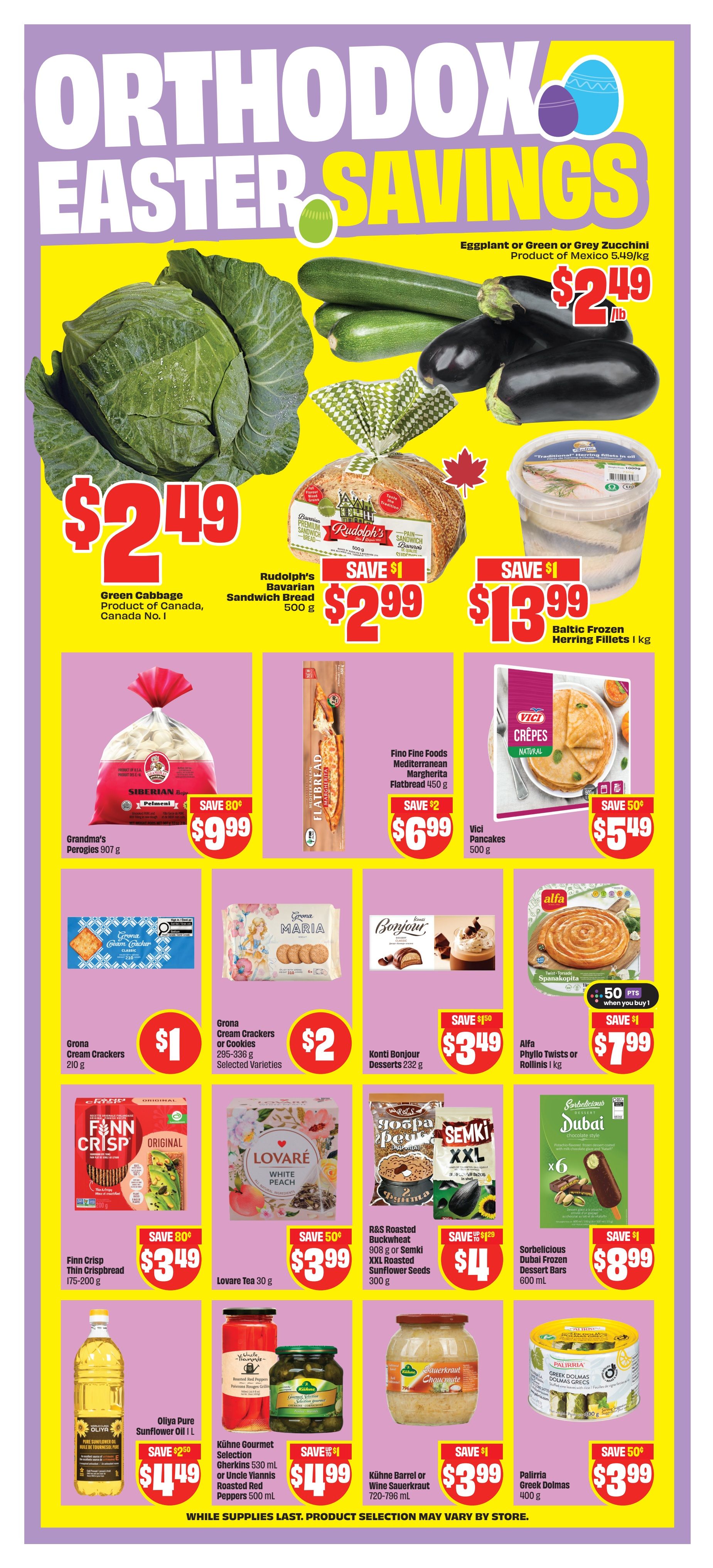 FreshCo Ontario flyer, page 8, featuring Orthodox Easter Savings. Highlights include Green Cabbage for $2.49, Eggplant or Green or Grey Zucchini for $2.49/lb, Rudolph's Bavarian Sandwich Bread for $2.99 (save $1), and Baltic Frozen Herring Fillets for $13.99 (save $1). Also featured are Grandma's Perogies for $9.99 (save 80¢), Fino Fine Foods Mediterranean Flatbread for $6.99 (save $2), and Vici Crepes Pancakes for $5.49 (save 50¢). Other deals include Grona Cream Crackers or Cookies for $1 or $2, Konti Bonjour Desserts for $3.49 (save $1.50), and Alfa Phyllo Twists or Rollinis for $7.99 (save $1). Additionally, Finn Crisp Thin Crispbread is $3.49 (save 80¢), Lovare Tea is $3.99 (save 50¢), R&S Roasted Buckwheat or Semki XXL Sunflower Seeds are $4 (save $1.25), and Sorbelicious Frozen Dessert Bars are $8.99 (save $1). Finally, Oliya Pure Sunflower Oil is $4.49 (save $2.50), Kühne Gourmet Selection Gherkins or Yiiannis Roasted Red Peppers are $4.99 (save $1), and Kühne Barrel or Wine Sauerkraut is $3.99 (save $1). Palirria Greek Dolmas are $3.99 (save 50¢).