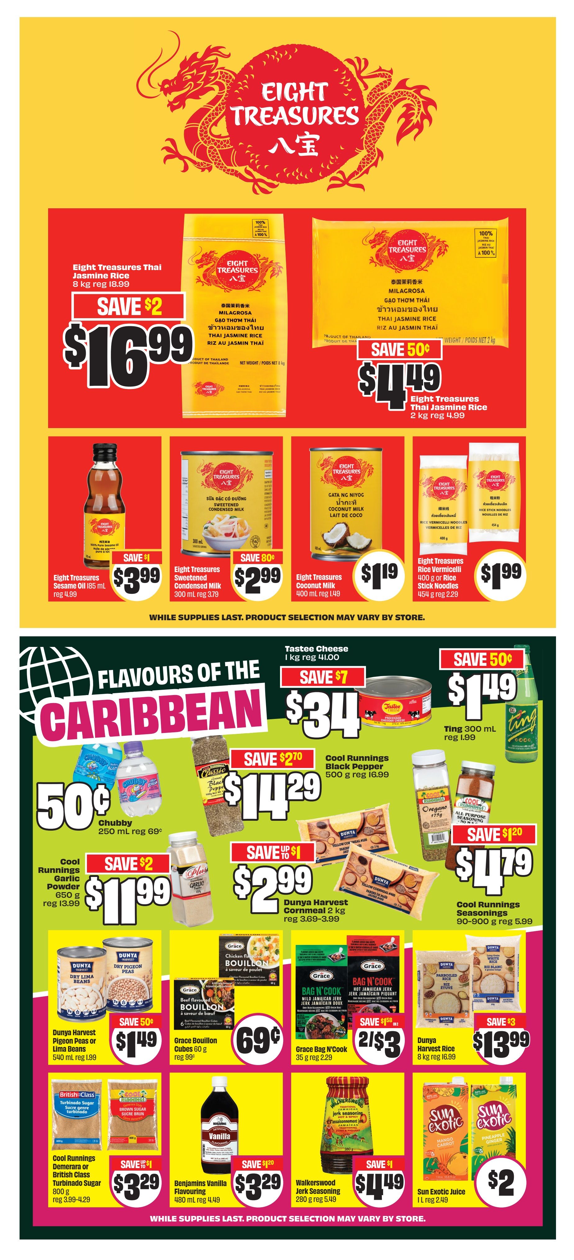 FreshCo flyer page 11 featuring 'Eight Treasures' brand products including Thai Jasmine Rice 8 kg for $16.99 (save $2), Thai Jasmine Rice 2 kg for $4.49 (save 50¢), Sesame Oil 185 mL for $3.99 (save $1), Sweetened Condensed Milk 300 mL for $2.99 (save 80¢), Coconut Milk 400 mL for $1.19, and Rice Vermicelli/Stick Noodles 454 g for $1.99. The page also highlights 'Flavours of the Caribbean' with Chubby 250 mL for 50¢, Cool Runnings Black Pepper 500 g for $14.29 (save $2.70), Cool Runnings Garlic Powder 650 g for $1.99 (save $2), Dunya Harvest Cornmeal 2 kg for $2.99 (save up to $1), Ting 300 mL for $1.49 (save 50¢), Dunya Harvest Pigeon Peas or Lima Beans 540 mL for $1.49 (save 50¢), Grace Bouillon Cubes 60 g for 69¢, Grace Bag N'Cook 35 g for 2 for $3 (save 98¢), Dunya Harvest Rice 8 kg for $13.99 (save $3), Cool Runnings Seasonings 90-900 g for $4.79 (save $1.20), Cool Runnings or British Class Demerara Sugar 800 g for $3.29 (save $1), Benjamins Vanilla Flavouring 480 mL for $3.29 (save $1.20), Walkerswood Jerk Seasoning 280 g for $4.49 (save $1), and Sun Exotic Juice 1 L for $2. While supplies last, product selection may vary by store.