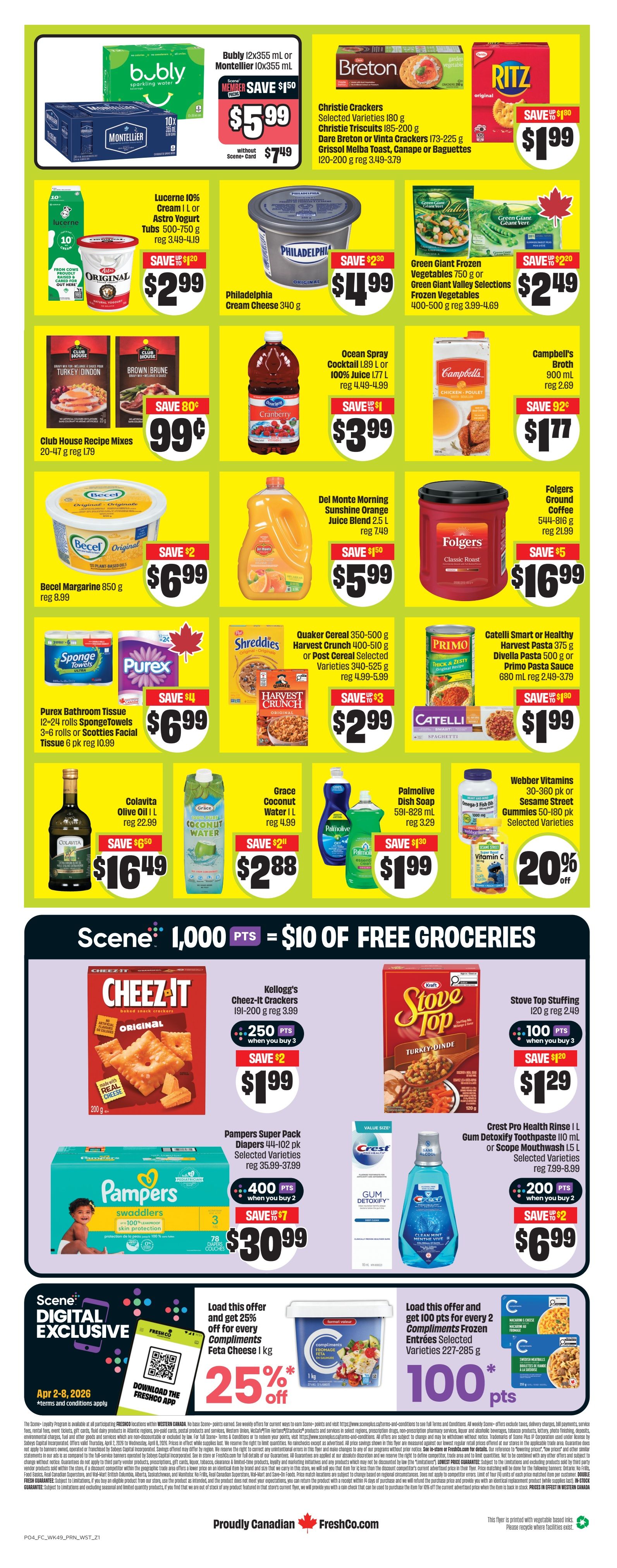 FreshCo Weekly Flyer Specials Page 2. Top row features: Bubly sparkling water 12x355 mL or Montellier 10x355 mL for $5.99 (Member Save $1.50), Breton crackers and Ritz crackers for $1.99 each. Middle row includes: Lucerne 10% Cream 1 L or Astro Yogurt 500-750 g for $2.99 (Save $1.20), Philadelphia Cream Cheese 340 g for $4.99 (Save $2.30), Green Giant Frozen Vegetables 750 g or Green Giant Valley Selections Frozen Vegetables 400-500 g for $2.49 (Save $2.20). Third row showcases: Club House Recipe Mixes 20-47 g for $0.99 (Save 80¢), Ocean Spray Cocktail 1.89 L or 100% Juice 1.77 L for $3.99 (Save $1), Campbell's Broth 900 mL for $1.77 (Save 92¢). Fourth row features: Becel Margarine 850 g for $6.99 (Save $2), Del Monte Morning Sunshine Orange Juice Blend 2.5 L for $5.99 (Save $1.50), Folgers Ground Coffee 544-816 g for $16.99 (Save $5). Fifth row includes: Colavita Olive Oil 1 L for $16.49 (Save $6.50), Purex Bathroom Tissue 12-24 rolls or Scotties Facial Tissue 6 pk for $6.99 (Save $4), Shreddies Cereal 350-500 g or Post Cereal 340-525 g for $2.99 (Save $3), Catelli Smart or Healthy Pasta 375 g or Divella Pasta 500 g or Primo Pasta Sauce 680 mL for $1.99 (Save $1.80). Bottom section highlights: Kellogg's Cheez-it Crackers 191-200 g for $1.99 (Save $2) when you buy 3, earn 250 Scene+ points. Stove Top Stuffing 120 g for $1.29 (Save $1.20) when you buy 3, earn 100 Scene+ points. Pampers Super Pack Diapers 44-102 pk for $30.99 (Save $7) when you buy 2, earn 400 Scene+ points. Crest Pro Health Rinse 1 L or Gum Detoxify Toothpaste 110 mL or Scope Mouthwash 1.5 L for $6.99 (Save $2) when you buy 2, earn 200 Scene+ points. Digital exclusive offer: Get 25% off Compliments Feta Cheese 1 kg. Load offer and get 100 pts for every 2 Compliments Frozen Entrees Selected Varieties 227-285 g. Scene+ points offer: 1,000 points equals $10 of free groceries.