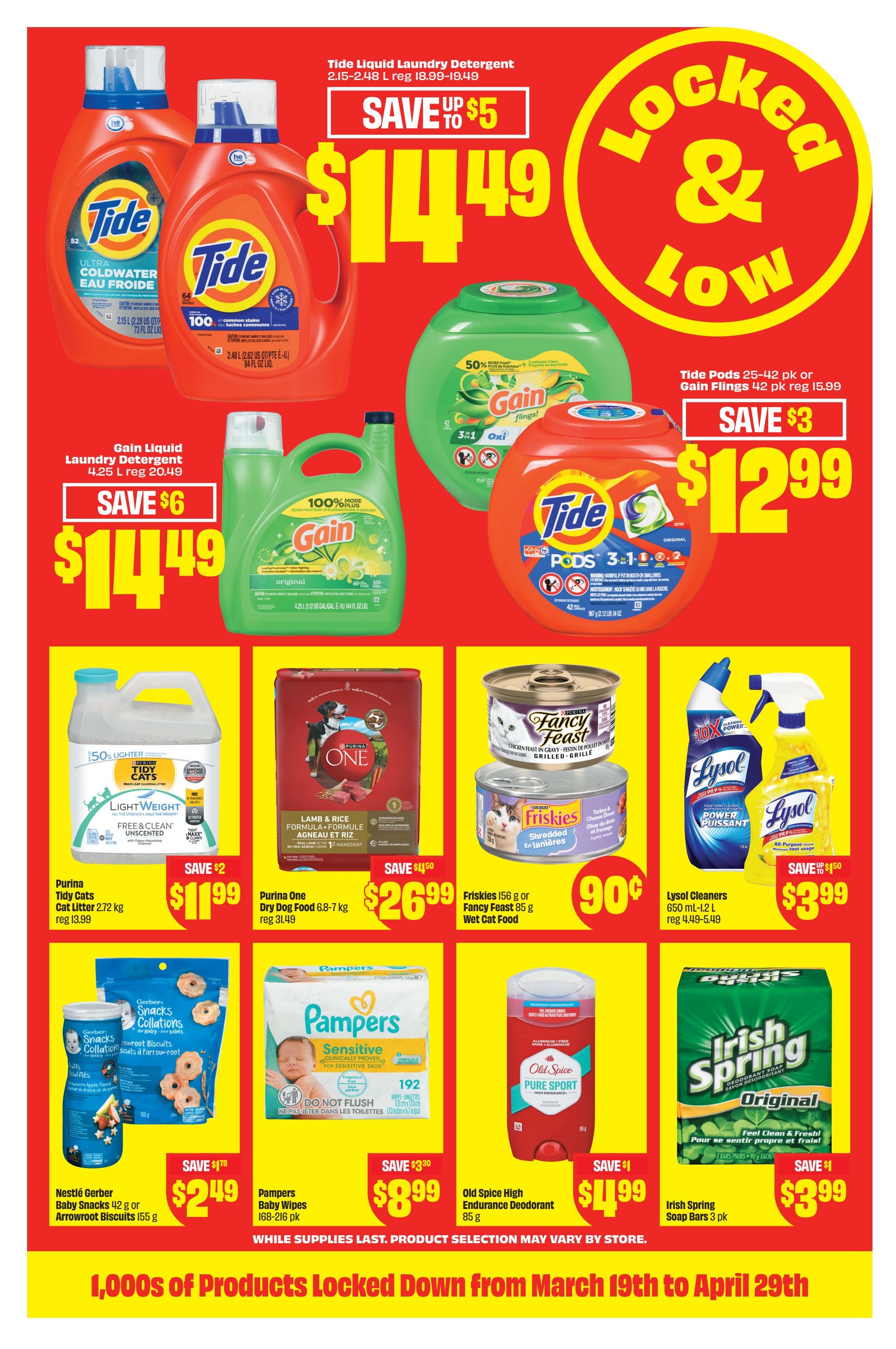 FreshCo weekly flyer specials page 15 featuring 'Locked & Low' prices. Save up to $5 on Tide Liquid Laundry Detergent 2.15-2.48 L for $14.49. Save $6 on Gain Liquid Laundry Detergent 4.25 L for $14.49. Tide Pods 25-42 pk or Gain Flings 42 pk are $12.99, saving $3. Purina Tidy Cats Litter 2.72 kg is $11.99, saving $2. Purina One Dry Dog Food 6.8-7 kg is $26.99, saving $1.50. Friskies 156 g or Fancy Feast 85 g Wet Cat Food is $0.90. Save $1.50 on Lysol Cleaners 650 mL-1.2 L for $3.99. Nestlé Gerber Baby Snacks 42 g or Arrowroot Biscuits 155 g are $2.49, saving $1.78. Pampers Baby Wipes 168-216 pk are $8.99, saving $3.30. Old Spice High Endurance Deodorant 85 g is $4.99, saving $1. Irish Spring Soap Bars 3 pk are $3.99, saving $1. The flyer highlights '1,000s of Products Locked Down from March 19th to April 29th' while supplies last, and 'supplies last' and 'product selection may vary by store.