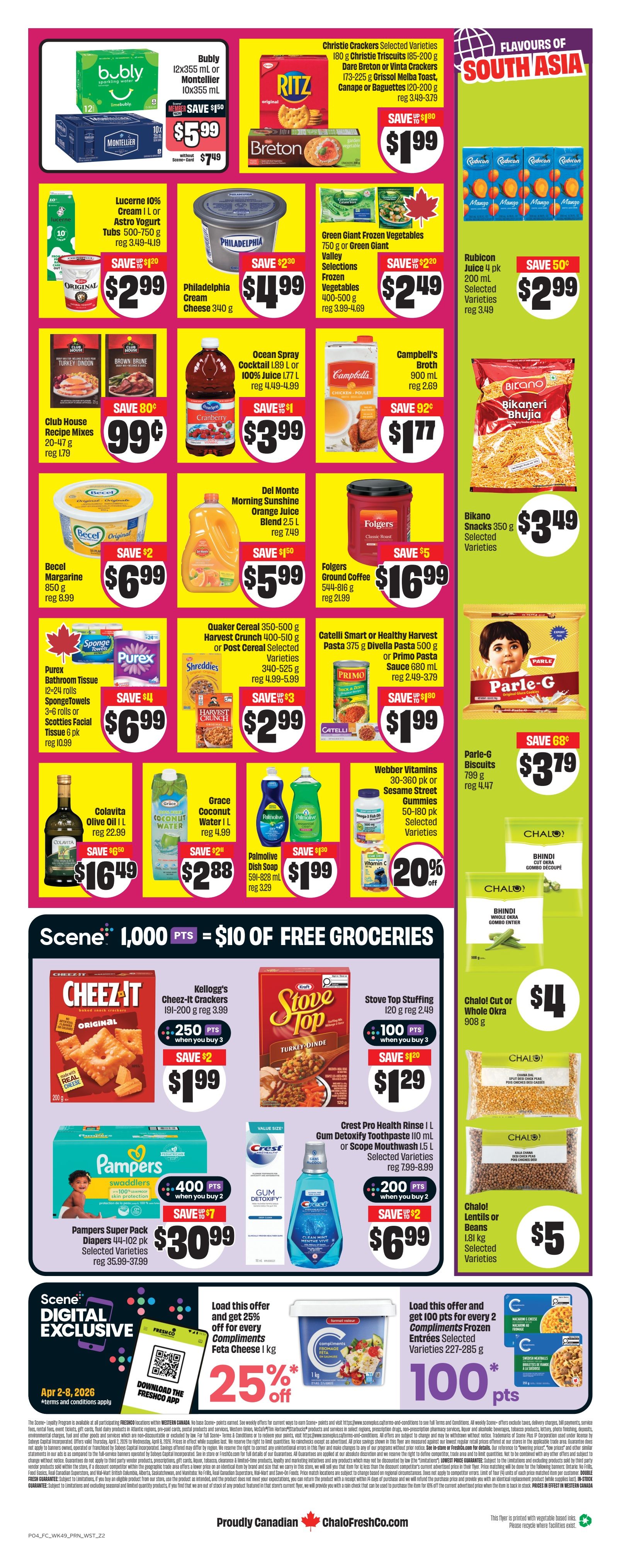FreshCo Western Canada flyer page 2 features a variety of deals. Save on Bubly sparkling water for $5.99, and Christie Crackers and Breton crackers for $1.99 each. Get Philadelphia Cream Cheese for $4.99 and Green Giant frozen vegetables for $2.49. Ocean Spray Cranberry Cocktail is $3.99, and Campbell's Broth is $1.77. Club House Gravy Mixes are 99 cents. Becel Margarine is $6.99, and Del Monte Orange Juice is $5.99. Folgers Ground Coffee is $16.99. Bikaneri Bhujia is $3.49. Purex Bathroom Tissue and Scotties Facial Tissue are $6.99. Quaker Harvest Crunch or Post Cereal is $2.99. Catelli Smart or Healthy Harvest Pasta is $1.99. Colavita Olive Oil is $16.49, and Grace Coconut Water is $2.88. Palmolive Dish Soap is $1.99. Webber Vitamins are 20% off. Parle-G Biscuits are $3.79. Chalo! Lentils or Beans are $5. Scene members can earn 1,000 points for $10 of free groceries. Deals include Kellogg's Cheez-It Crackers for $1.99 when you buy 3, and Stove Top Stuffing for $1.29 when you buy 3. Pampers Super Pack Diapers are $30.99. Crest Pro Health Rinse is $6.99. Load the FreshCo app for a digital exclusive offer: get 25% off Compliments Feta Cheese and 100 Scene points for every 2 Compliments Frozen Entrees.