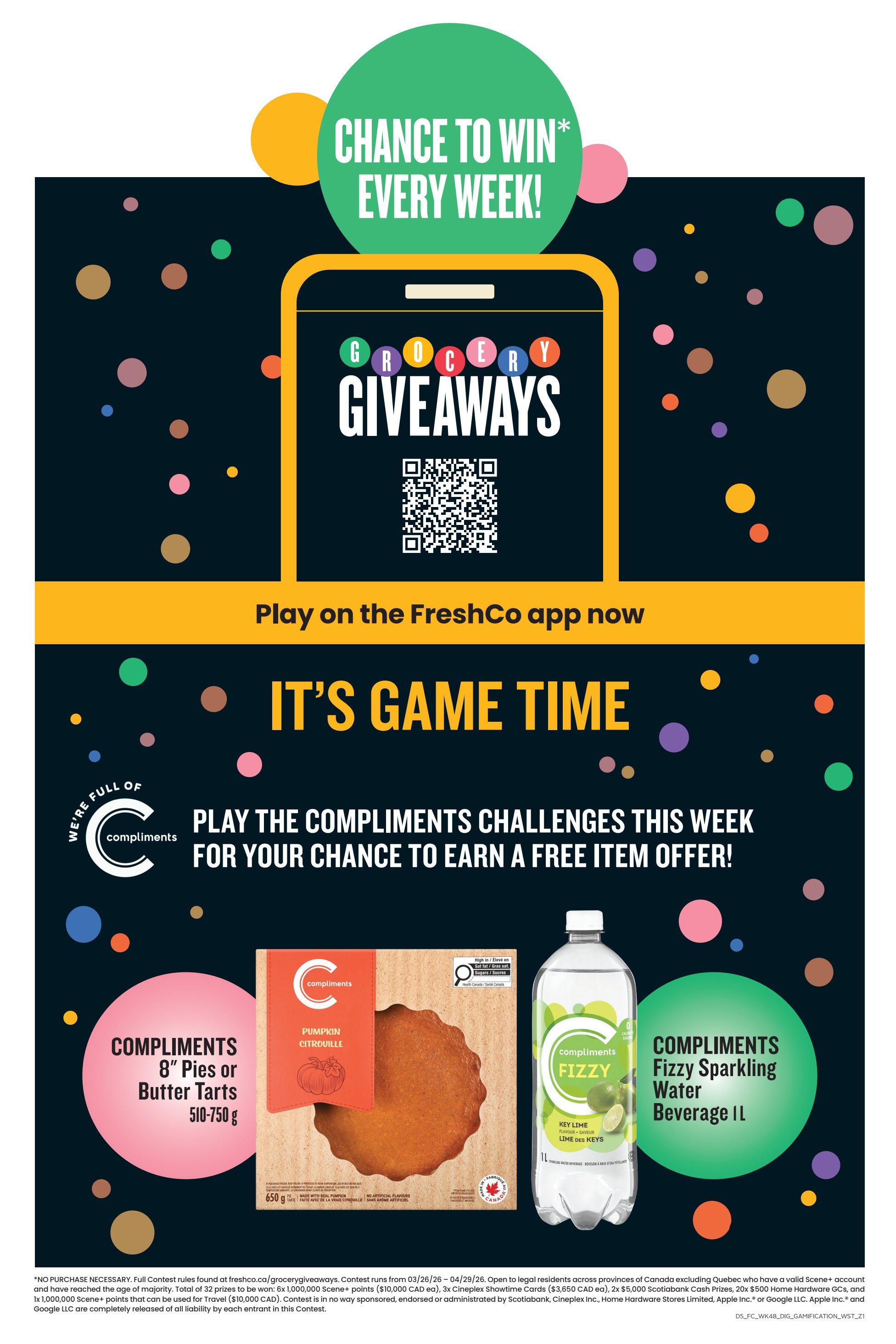FreshCo flyer page 9 features a 'Chance to Win Every Week!' promotion. Play on the FreshCo app to participate in 'It's Game Time' and play the Compliments Challenges for a chance to earn a free item offer. Featured products include Compliments 8' Pies or Butter Tarts (510-750 g) and Compliments Fizzy Sparkling Water Beverage in Key Lime flavour (1 L). The page also includes contest details and rules.