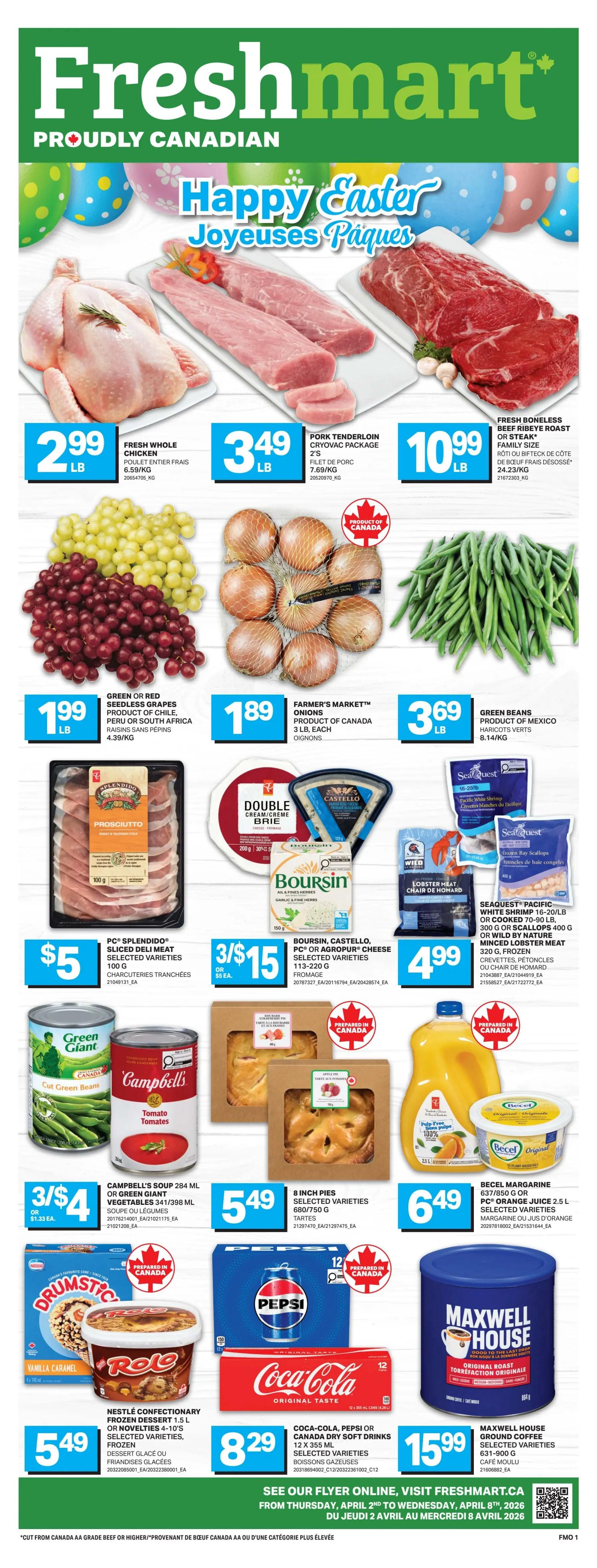 Freshmart proudly Canadian flyer, page 1. Featured 'Hit of the Month' deals include Leclerc Go Pure Bars, selected varieties, 140 g - 175 g, for $1.88. Butcher's Selection Stampede Wieners or Harvest Creek Halal Chicken Wieners, 900 g, are $3. Planter's Deluxe Whole Cashews, salted or unsalted, 200 g, are $4. All featured products are made in Canada. The flyer highlights 'Lowest Prices, Best Deals'.