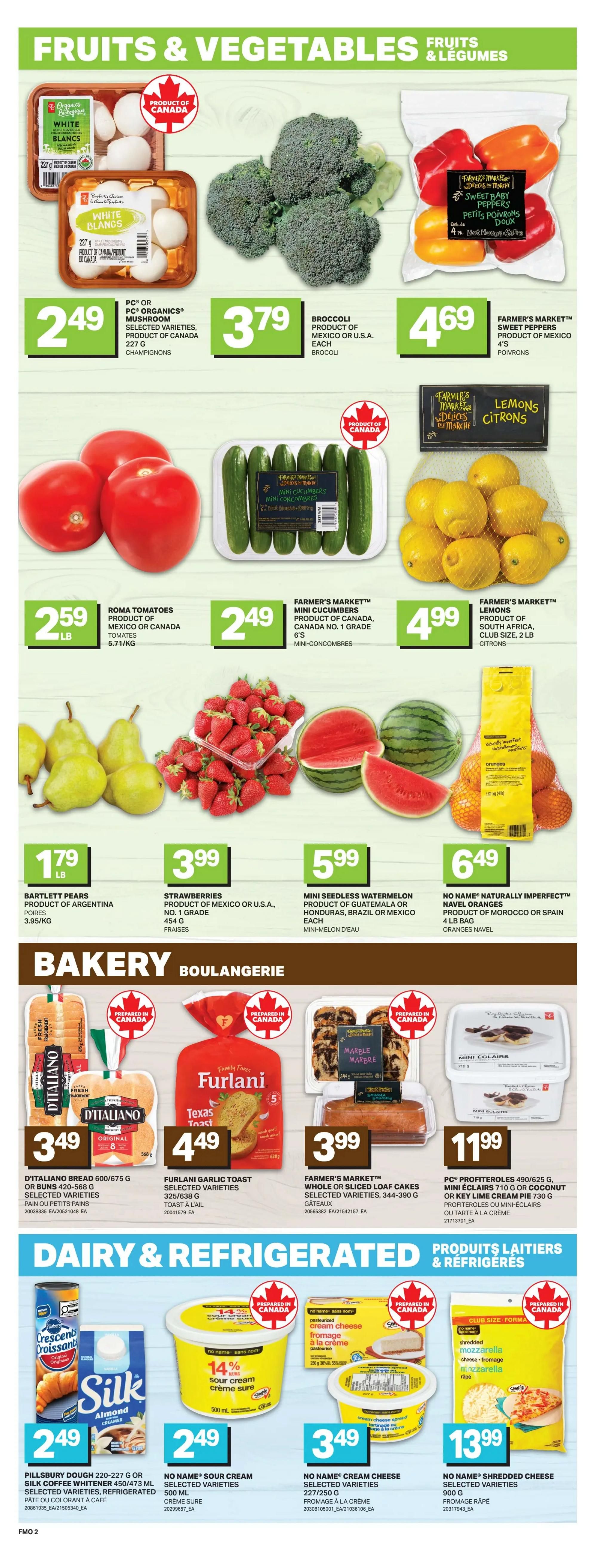 Freshmart Ontario weekly flyer specials page 5 features a variety of fruits and vegetables including PC Organics White Mushrooms for $2.49, Broccoli for $3.79, Farmer's Market Sweet Baby Peppers for $4.69, Roma Tomatoes for $2.59 per lb, Farmer's Market Mini Cucumbers for $2.49, and Farmer's Market Lemons for $4.99. Also featured are Bartlett Pears for $1.79 per lb, Strawberries for $3.99, Mini Seedless Watermelon for $5.99 each, and No Name Naturally Imperfect Navel Oranges for $6.49 per 4 lb bag. The bakery section includes D'Italiano Bread or Buns for $3.49, Furlani Garlic Toast for $4.49, and Farmer's Market Whole or Sliced Loaf Cakes for $3.99. Additionally, PC Proliferoles Mini Éclairs or Coconut or Key Lime Mini Pie are $7.39. The dairy and refrigerated section offers Pillsbury Dough 220-227 g or Silk Coffee Whitener 450/473 ml for $2.49, No Name Sour Cream for $2.49, No Name Cream Cheese for $3.49, and No Name Shredded Cheese for $13.99.