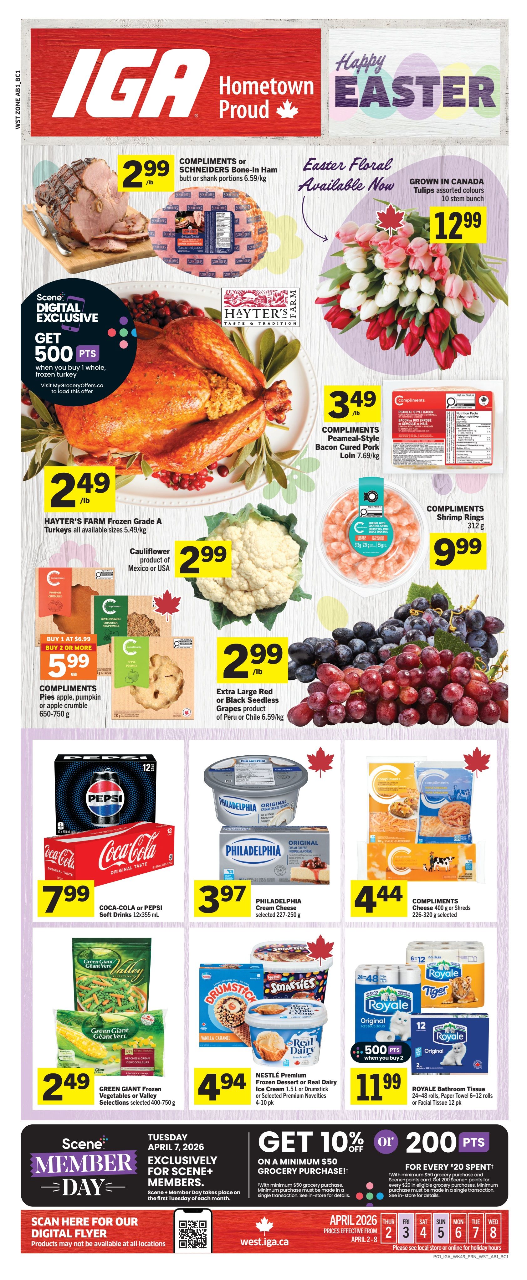 IGA Weekly Flyer Specials for Western Canada. Featured items include SCHNEIDERS Bone-In Ham butt or shank portions for $2.99/lb. Enjoy Easter floral tulips, assorted colours, 10 stem bunch for $12.99. HAYTER'S FARM Frozen Grade A Turkeys are $2.49/lb, with a Scene+ Digital Exclusive offer to get 500 points when you buy 1 whole frozen turkey. Also available are COMPLIMENTS Peameal-Style Bacon Cured Pork Loin for $3.49/lb, Cauliflower product of Mexico or USA for $2.99, and COMPLIMENTS Shrimp Rings for $9.99. Compliments Pies, apple, pumpkin or apple crumble (650-750 g) are buy 1 at $6.99 or buy 2 or more for $5.99 each. Extra Large Red or Black Seedless Grapes (product of Peru or Chile) are $2.99/lb. Coca-Cola or Pepsi Soft Drinks (12x355 mL) are $7.99. PHILADELPHIA Cream Cheese (selected 227-250 g) is $3.97. COMPLIMENTS Cheese 400 g or Shreds (226-320 g) are $4.44. Green Giant Frozen Vegetables or Valley Selections (selected 400-750 g) are $2.49. NESTLÉ Premium Frozen Dessert or Real Dairy Ice Cream (1.5 L or Drumstick or Selected Premium Novelties 4-10 pk) are $4.94. ROYALE Bathroom Tissue (24-48 rolls, Paper Towel 6-12 rolls or Facial Tissue 200 pk) are $11.99 and earn 500 points with purchase. Scene+ Member Day is Tuesday, April 7, 2026, exclusively for Scene+ members. Get 10% off or 200 points on a minimum $50 grocery purchase. Flyer prices are effective from April 2-8.