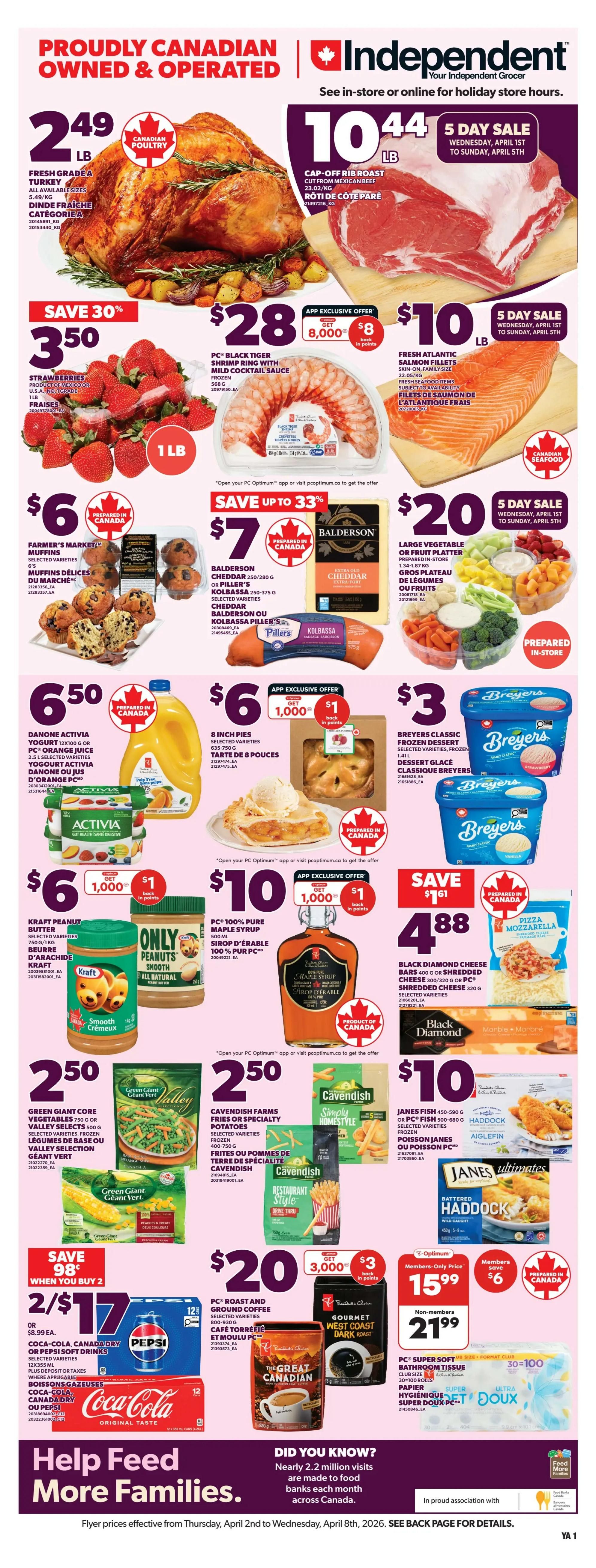 Independent flyer page 1 features a large fresh grade A turkey for $2.49/lb and cap-off rib roast from Mexican beef for $10.44/lb, both available all week. Save 30% on strawberries, now $3.50/lb. PC Black Tiger Shrimp Ring with mild cocktail sauce is $28 for 8,000 PC Optimum points. Fresh Atlantic salmon fillets are $10/lb. Farmer's Market muffins are $6. Balderson Cheddar or Piller's Kolbassa is $7. Large vegetable or fruit platters prepared in-store are $20. Danone Activia yogurt and PC Orange Juice are $6.50. 8-inch pies are $6. Breyers Classic frozen dessert is $3. Kraft peanut butter is $6. PC 100% pure maple syrup is $10. Green Giant Core vegetables are $2.50. Cavendish Farms fries or specialty potatoes are $2.50. Save 98 cents when you buy 2 Coca-Cola or Pepsi soft drinks for $17 (or $8.99 each). PC Roast and Ground Coffee is $20 with a $3 offer for 3,000 PC Optimum points. Black Diamond cheese bars or shredded cheese are $4.88. Janes Fish or PC Fish frozen portions are $10. PC Super Soft bathroom tissue (30 rolls) is $15.99 for members and $21.99 for non-members, with members saving $6. The flyer also includes a 'Help Feed More Families' section and a 'Did You Know?' fact about food banks.