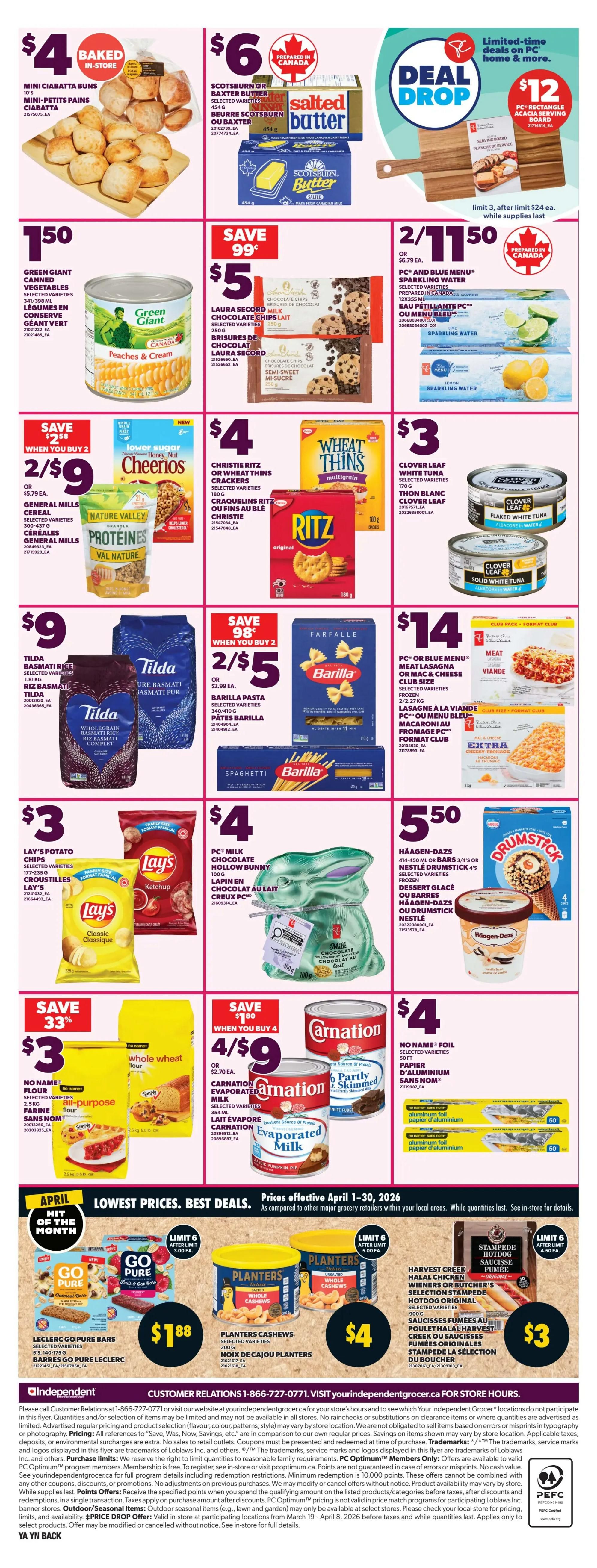 Independent Atlantic flyer page 2 features a 'Deal Drop' section with a PC serving board for $12. Also on sale are Mini Ciabatta Buns for $4, and Scotsburn Butter for $6. Green Giant Canned Vegetables are $1.50. Laura Secord Chocolate Chips are 2 for $5, and PC Sparkling Water is 2 for $11.50. General Mills Cereals or Nature Valley Protein Bars are 2 for $9. Christie Ritz or Wheat Thins Crackers are $4. Clover Leaf White Tuna is $3. Tilda Basmati Rice is $9. Barilla Pasta is 2 for $5. PC or Blue Menu Meat Lasagna or Mac & Cheese is $14. Lay's Potato Chips are $3. PC Milk Chocolate Hollow Bunny is $4. Häagen-Dazs Ice Cream or Bars are $5.50. No Name Flour is $3. Carnation Evaporated Milk is 4 for $9. No Name Aluminum Foil is $4. Featured are Go Pure bars for $1.88 and Planters Cashews for $4. Prices are effective April 1-30, 2026.