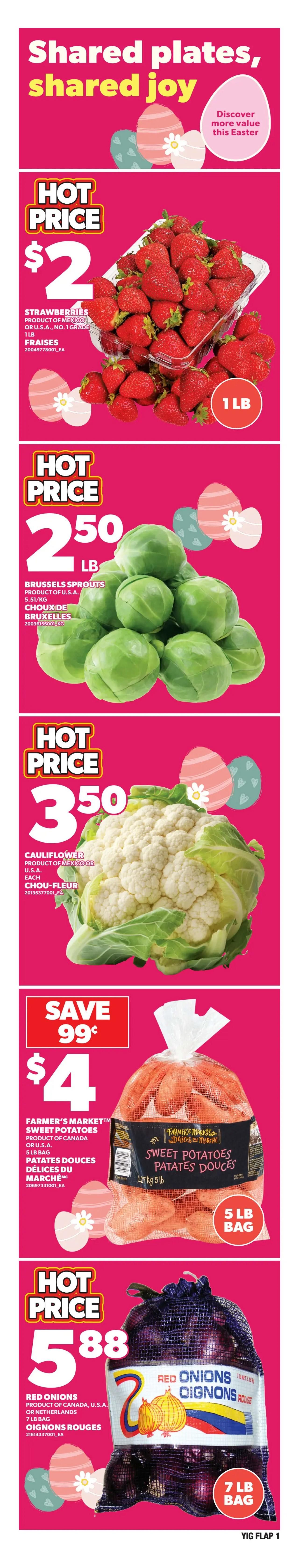 Independent flyer page 2 features a 5-day sale from Wednesday, April 1st to Sunday, April 5th. A large vegetable or fruit platter is available for $20. An app-exclusive offer provides $8 back in points when you purchase the PC Black Tiger Shrimp Ring with Mild Cocktail Sauce for $28. Save up to 39% with a $7 deal on Balderson Cheddar cheese (250/280g) or Piller's Kolbassa (250-375g). Baked in-store Ace Baguettes (325-400g) are $3. Mott's Clamato (1.89L) is on sale for $3.50. Canada Dry, Coca-Cola, or Pepsi soft drinks (24x355ml) are $12.99, equivalent to 55¢ per can. Buy 2 PC or Blue Menu Sparkling Water (12x355ml) for $11.50, saving $2.08, or $6.79 each.