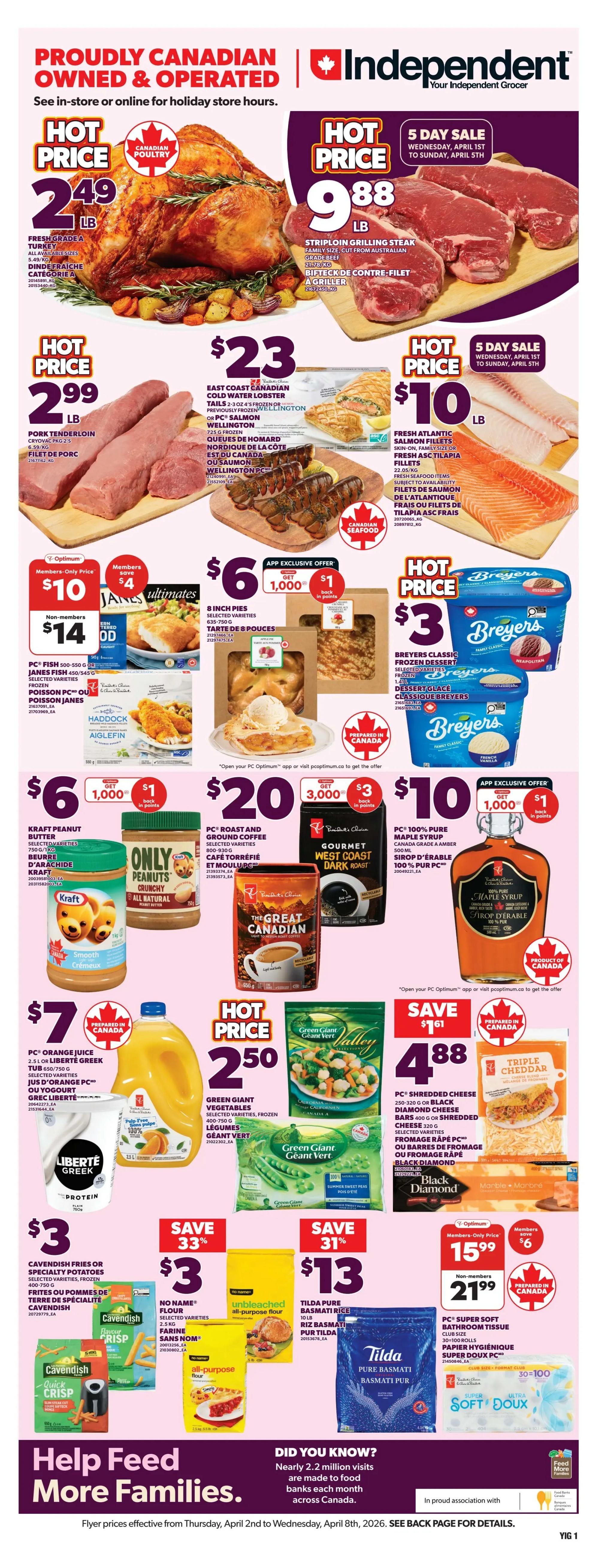 Independent flyer page 1 features Easter-themed 'Shared plates, shared joy' specials. Hot Price: 1 lb strawberries for $2. Hot Price: 1 lb Brussels sprouts for $2.50. Hot Price: Cauliflower for $3.50 each. Farmer's Market Sweet Potatoes, 5 lb bag, on sale for $4, saving 99 cents. Hot Price: 7 lb bag of Red Onions for $5.88.