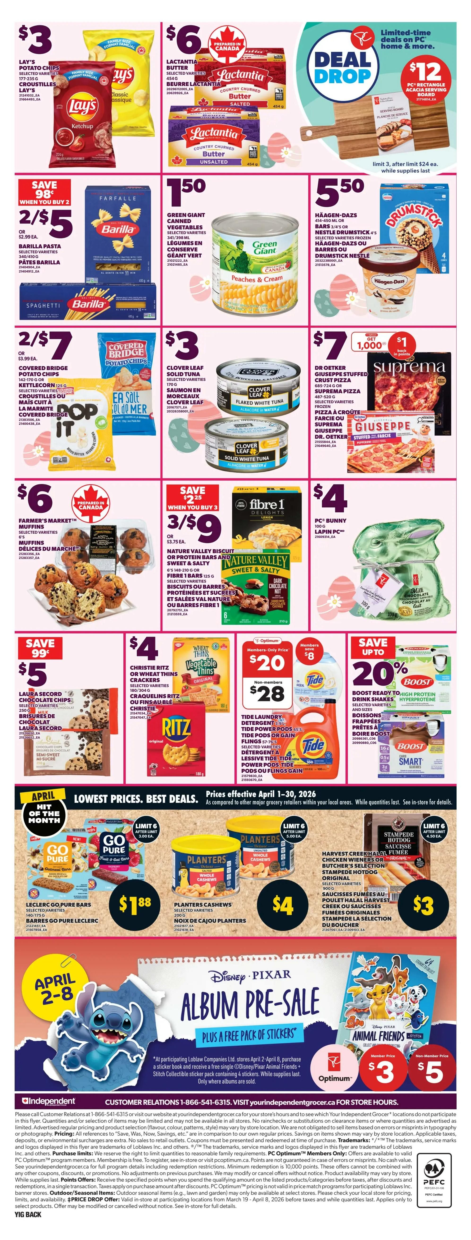 Independent flyer page 4 features a 'Deal Drop' with a PC rectangular acacia serving board for $12 after limit $24 ea. while supplies last. Lay's potato chips are 2 for $3. Lactantia butter is $6. Barilla pasta is 2 for $5. Green Giant canned vegetables are $1.50. Häagen-Dazs or Nestlé Drumstick bars are $5.50. Covered Bridge potato chips are 2 for $7. Clover Leaf solid tuna or flaked white tuna is $3. Farmer's Market muffins are $6. Nature Valley biscuits or protein bars and Fibre 1 bars are 3 for $9. Christie Ritz or Wheat Thins crackers are $4. Laura Secord chocolate chips are $5. PC Bunny milk chocolate is $3 for members and $5 for non-members. Tide laundry detergent or pods are $20 for members, $28 for non-members. Boost ready-to-drink shakes are up to 20% off. Planters cashews are $4. Leclerc Go Pure bars are $1.88. Stampede hotdog or chicken wieners are $3. The page also promotes a Disney Pixar Album Pre-Sale with a free sticker pack when purchasing 4 stickers.