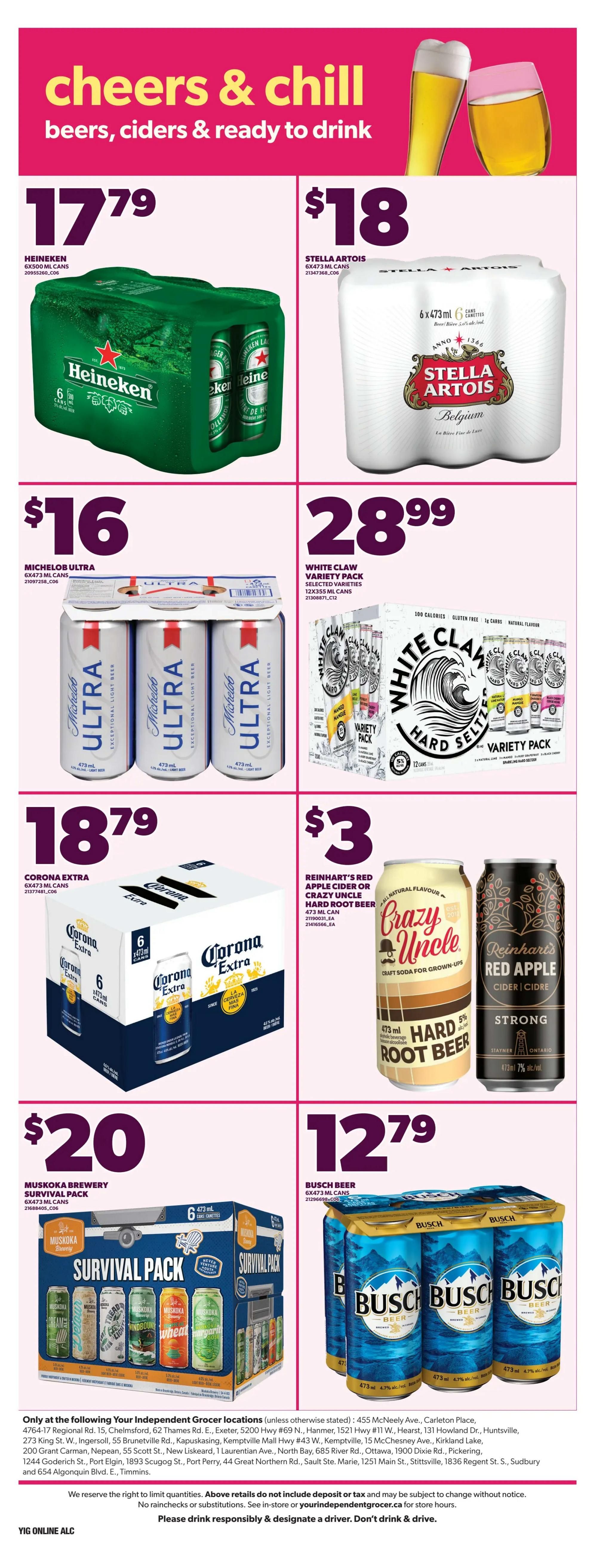 Independent flyer page 9 features a selection of beers, ciders, and ready-to-drink beverages. Featured items include Heineken 6x500 mL cans for $17.79, Stella Artois 6x473 mL cans for $18, Michelob Ultra 6x473 mL cans for $16, and White Claw Variety Pack 12x355 mL cans for $28.99. Also available are Corona Extra 6x473 mL cans for $18.79, Reinhardt's Red Apple Cider or Crazy Uncle Hard Root Beer 473 mL can for $3, Muskoka Brewery Survival Pack 6x473 mL cans for $20, and Busch Beer 6x473 mL cans for $12.79. The page also lists Independent Grocer locations in Ontario.