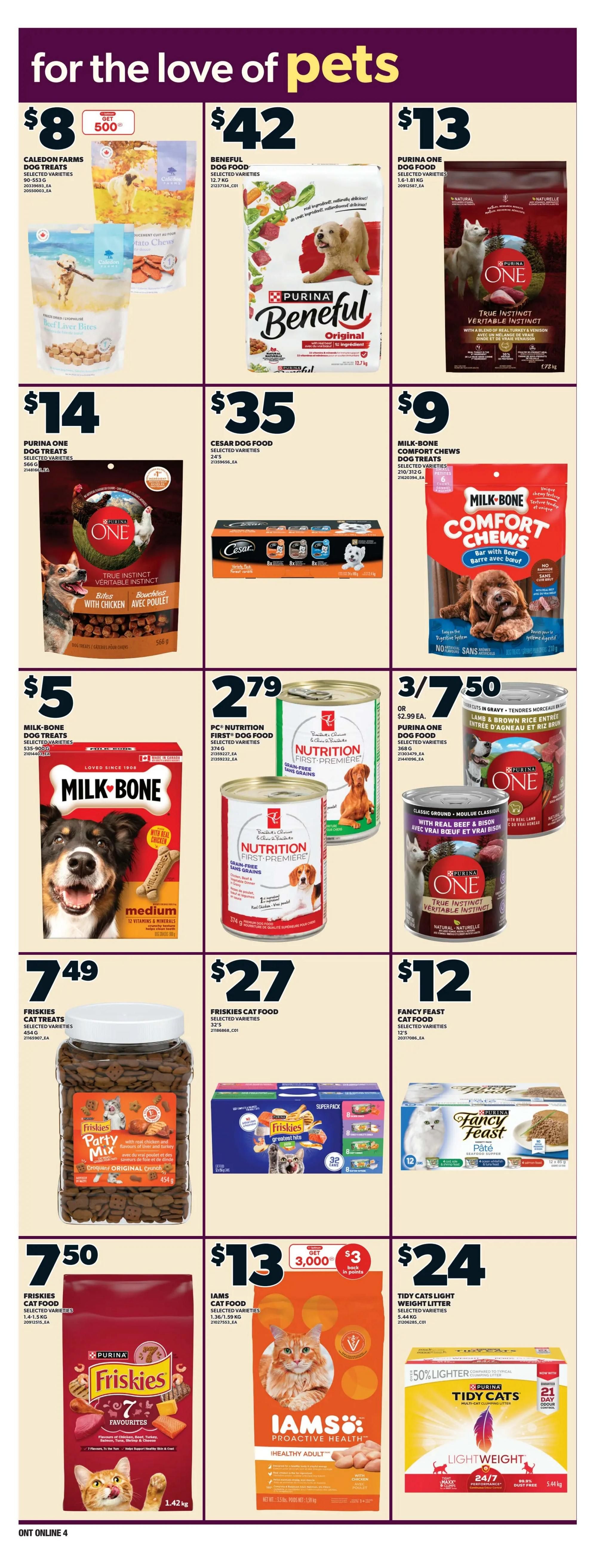 Independent flyer page 13 features a variety of pet food and treats. Deals include Caledon Farms Dog Treats for $8, Beneful Dog Food (10.7 kg) for $42, and Purina One Dog Food (1.6-1.8 kg) for $13. Also featured are Purina One Dog Treats (566 g) for $14, Cesar Dog Food (24's) for $35, and Milk-Bone Comfort Chews Dog Treats (210 g) for $9. Canned food options include Milk-Bone Dog Treats (medium, 454 g) for $5, PC Nutrition First Dog Food (374 g) for $2.79, and Purina One Dog Food (300 g) for 3 for $7.50. Cat food specials include Friskies Cat Treats (454 g) for $7.49, Friskies Cat Food (1.42 kg) for $7.50, Iams Cat Food (1.36 kg) for $13 with 3,000 bonus points and $3 back in points, and Fancy Feast Cat Food (12's) for $12. Tidy Cats Light Weight Litter (5.44 kg) is on sale for $24, advertised as 50% lighter with 21-day odour control.