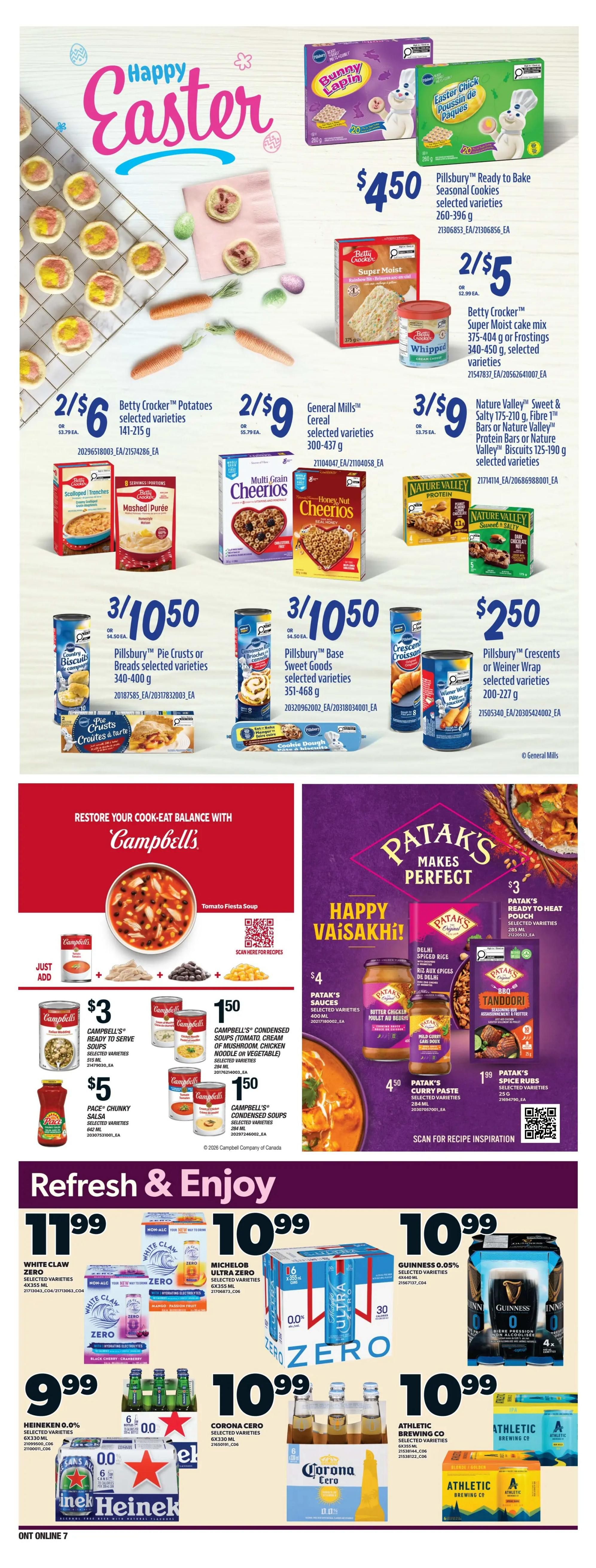 Independent flyer page 17 features Happy Easter promotions. Save on Pillsbury Ready to Bake Cookies for $4.50 and Betty Crocker Super Moist Cake Mix or Frostings for 2/$5. Betty Crocker Potatoes are 2/$6 and General Mills Cereal is 2/$9. Nature Valley Sweet & Salty Bars, Protein Bars or Biscuits are 3/$9. Pillsbury Pie Crusts or Pie Base Sweet Goods are 3/$10.50. Pillsbury Crescents or Weiner Wrap are $2.50. Campbell's offers Tomato Fiesta Soup, Ready to Serve Soups for $3, Condensed Soups for $1.50, and Pace Chunky Salsa for $5. Patak's features Ready to Heat Pouches for $3, Sauces for $4, Curry Paste for $4.50, and Spice Rubs for $1.99. Refresh & Enjoy section includes White Claw Hard Seltzer for $11.99, Michelob Ultra Zero for $10.99, Guinness 0.05% for $10.99, Heineken 0.0% for $9.99, Corona Cero for $10.99, and Athletic Brewing Co. for $10.99.
