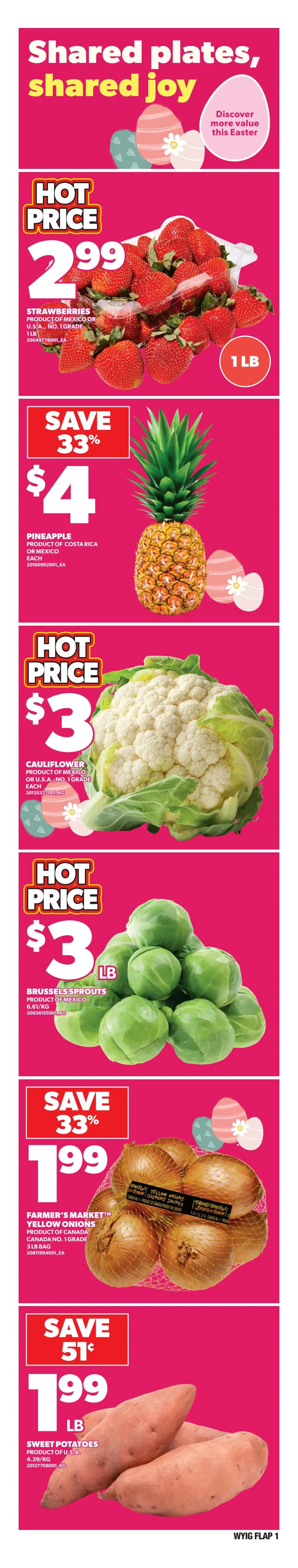 Independent flyer page 2 features a 4-day sale from Thursday, April 2nd to Sunday, April 5th. Get a large vegetable or fruit platter for $20. Also available is a PC Black Tiger Shrimp Ring with mild cocktail sauce for $28, with an app exclusive offer to get $8 back in points. Save up to 35% on Balderson Cheddar Extra Old cheese (250/280g) or Piller's Kolbassa sausage (250-375g) for $7. Mott's Clamato juice (1.89L) is on sale for $3.50. Save $2.08 when you buy 2 PC or Blue Menu Sparkling Water (12x355mL), on sale for 2 for $11.50, or $6.79 each.