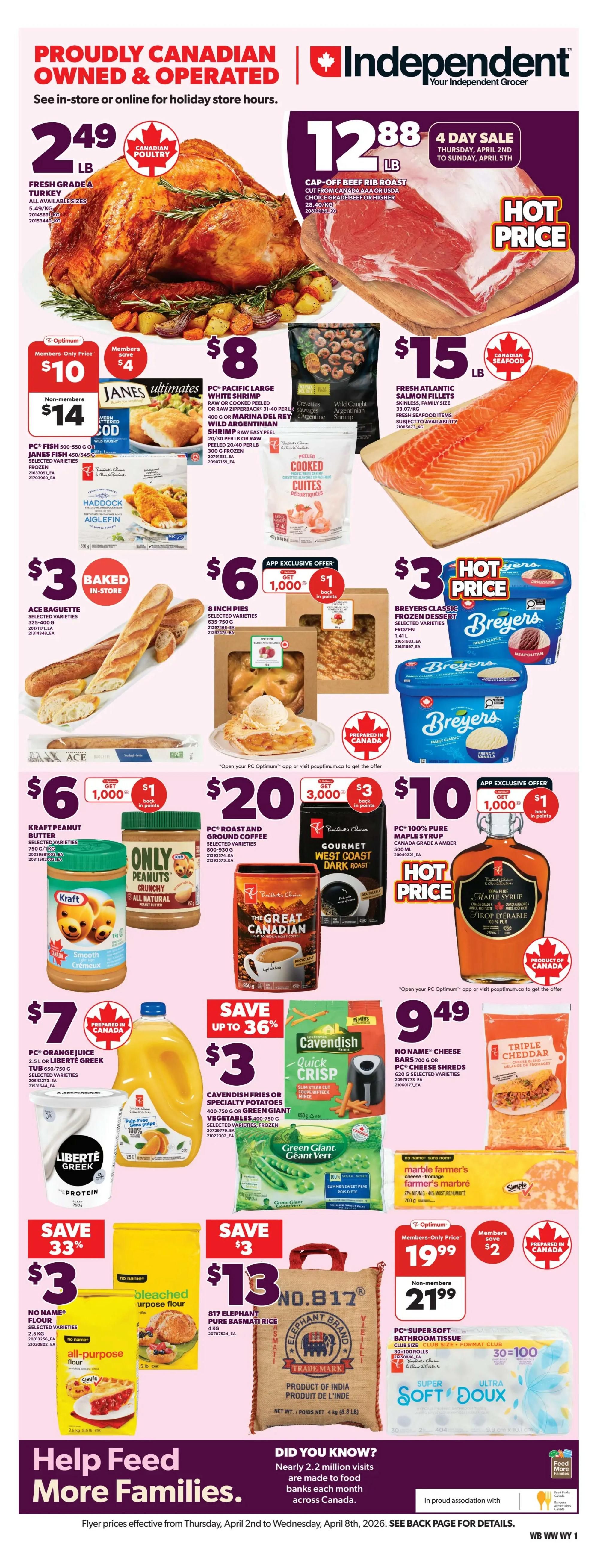 Independent flyer page 1 features 'Shared plates, shared joy' with Easter-themed graphics. Hot Price: Strawberries for $2.99 per 1 lb. Save 33%: Pineapple for $4 each, product of Costa Rica or Mexico. Hot Price: Cauliflower for $3 each, product of Mexico or U.S.A. Hot Price: Brussels Sprouts for $3 per lb, product of Mexico. Save 33%: Farmer's Market Yellow Onions for $1.99 per 3 lb bag, product of Canada. Save 51¢: Sweet Potatoes for $1.99 per lb, product of U.S.A.