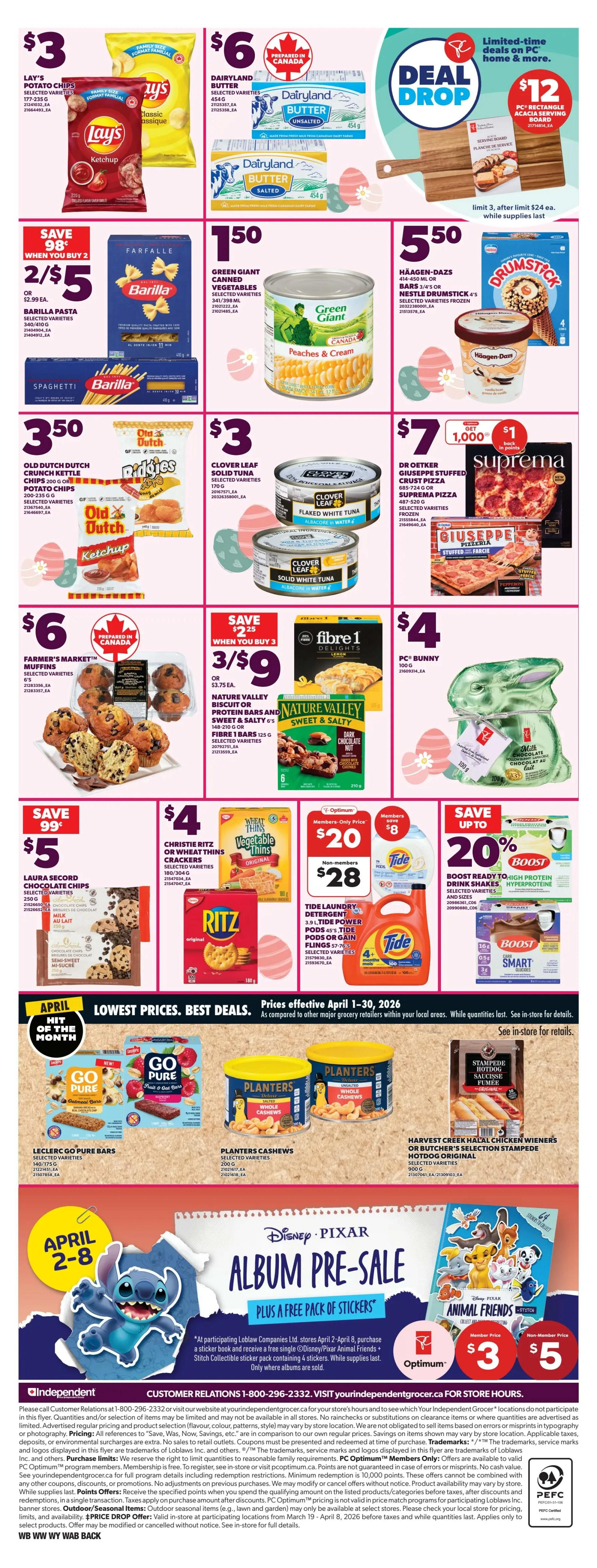Independent flyer page 4 features a variety of deals. Lay's Potato Chips are $3. Dairyland Butter is $6 for 454g. A PC Rectangle Acacia Serving Board is $12. Barilla Pasta is 2 for $5, or $2.99 each. Green Giant Canned Vegetables (Peaches & Cream) are $1.50. Old Dutch Crunch Kettle Chips are $3.50. Clover Leaf Solid Tuna is $3. Häagen-Dazs or Nestlé Drumstick frozen treats are $5.50. Farmer's Market Muffins are $6. Nature Valley Biscuit or Protein Bars and Fibre 1 Bars are 3 for $9. PC Bunny Chocolate is $4. Laura Secord Chocolate Chips are $5. Christie Ritz or Wheat Thins Crackers are $4. Tide Laundry Detergent, Tide Power Pods or Flings are $20 for members and $28 for non-members. Boost Ready to Drink High Protein Shakes are on sale with a 'Save up to 20%' offer. The 'Lowest Prices. Best Deals.' section includes Leclerc Go Pure Bars and Planters Cashews. Harvest Creek Chicken Wieners or Butcher's Selection Stampede Hotdog Original are also featured. The bottom of the page highlights a Disney Pixar Album Pre-Sale with a free sticker pack when you purchase a sticker book, available April 2-8. Prices are effective April 1-30, 2026.