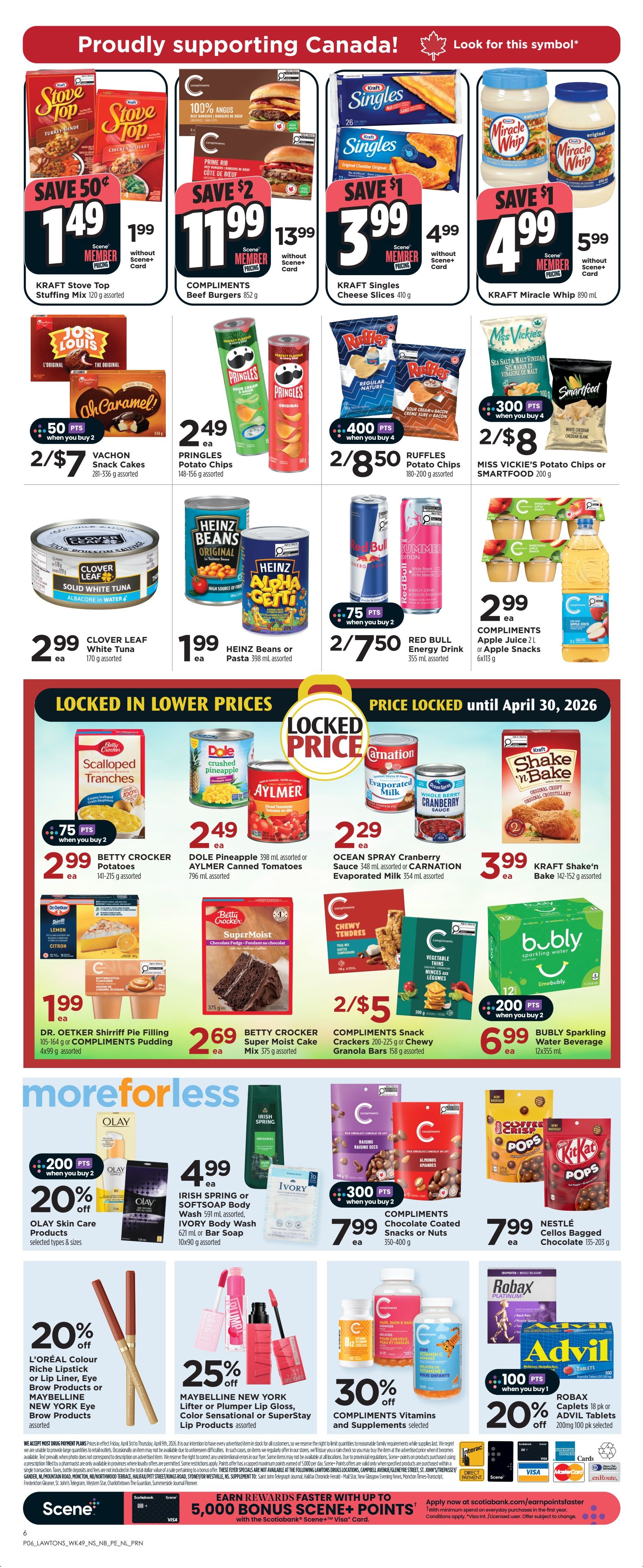 Lawtons Drugs Nova Scotia flyer page 4. Top banner: Proudly supporting Canada! Look for this symbol. Featured products include Kraft Stove Top Stuffing Mix for $1.49 (save 50¢), Compliments Beef Burgers for $11.99 (save $2), Kraft Singles Cheese Slices for $3.99 (save $1), and Kraft Miracle Whip for $4.99 (save $1). Also featured are Vachon Snack Cakes 2/$7, Pringles Potato Chips 2/$2.49, Ruffles Potato Chips 2/$8.50, and Miss Vickie's Potato Chips or Smartfood 2/$8. Other items include Clover Leaf Solid White Tuna for $2.99, Heinz Beans or Pasta for $1.99, and Red Bull Energy Drink 2/$7.50. Compliments Apple Juice or Apple Snacks are $2.99. Locked in Lower Prices section: Betty Crocker Potatoes for $2.99, Dole Pineapple or Aylmer Canned Tomatoes for $2.49, Ocean Spray Cranberry Sauce or Carnation Evaporated Milk for $2.29, and Kraft Shake'n Bake for $3.99. Dr. Oetker Shirriff Pie Filling or Compliments Pudding for $1.99, Betty Crocker Super Moist Cake Mix for $2.69, and Compliments Snack Crackers or Chewy Granola Bars 2/$5. Bubly Sparkling Water Beverage is $6.99. More for Less section: Olay Skin Care Products 20% off, Irish Spring or Softsoap Body Wash and Ivory Body Wash 2/$4.99, Compliments Chocolate Coated Snacks or Nuts 2/$7.99, and Nestle Cellos Bagged Chocolate 2/$7.99. Beauty offers: L'Oréal Colour Riche Lipstick or Lip Liner, Eye Brow Products or Maybelline New York Eye Products are 20% off. Maybelline New York Lipliner, Plumper Gloss, Color Sensational or SuperStay Lip Products are 25% off. Compliments Vitamins and Supplements are 30% off. Robax Caplets or Advil Tablets are 20% off. Bottom banner: Earn rewards faster with up to 5,000 bonus Scene+ points with the Scotiabank Scene+ Visa Card.