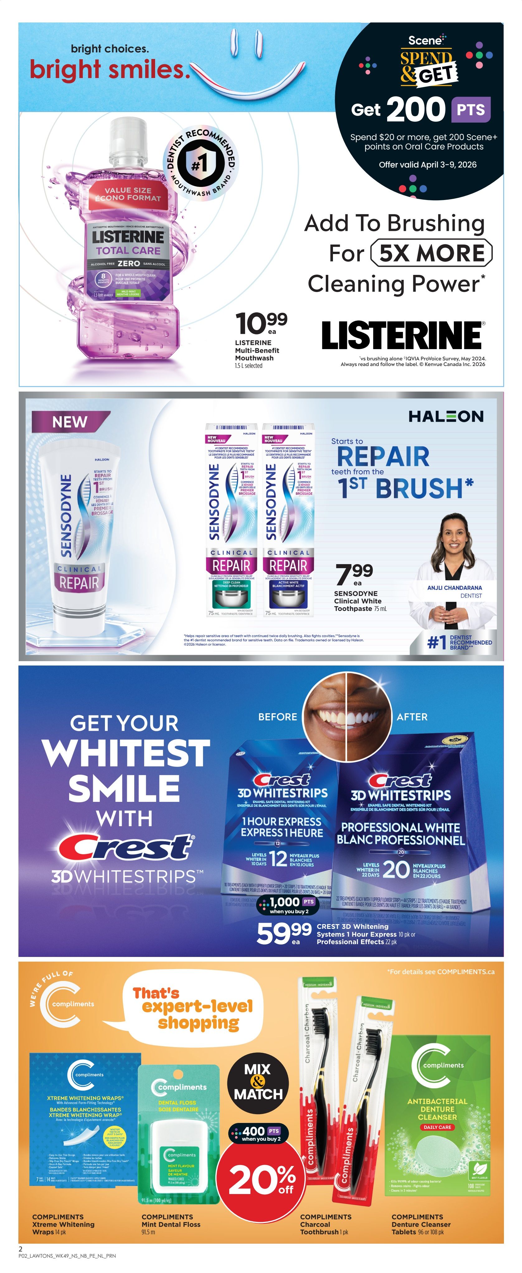 Lawtons Drugs weekly flyer specials page 6. Get 200 Scene+ points when you spend $20 or more on Oral Care products, offer valid April 3-9, 2026. Listerine Total Care Mouthwash 1.5 L is $10.99. Sensodyne Clinical Repair Toothpaste 75 mL is $7.99. Crest 3D Whitestrips Professional White 22 pk or Systems 1 Hour Express 10 pk are $59.99 each when you buy 2, and you get 1,000 bonus Scene+ points. Compliments Xtreme Whitening Wraps 14 pk, Compliments Mint Dental Floss 91.5 m, Compliments Charcoal Toothbrush 1 pk, and Compliments Antibacterial Denture Cleanser Tablets 96 or 108 pk are part of a 'Mix & Match' offer with 20% off when you buy 2, plus get 400 bonus Scene+ points.