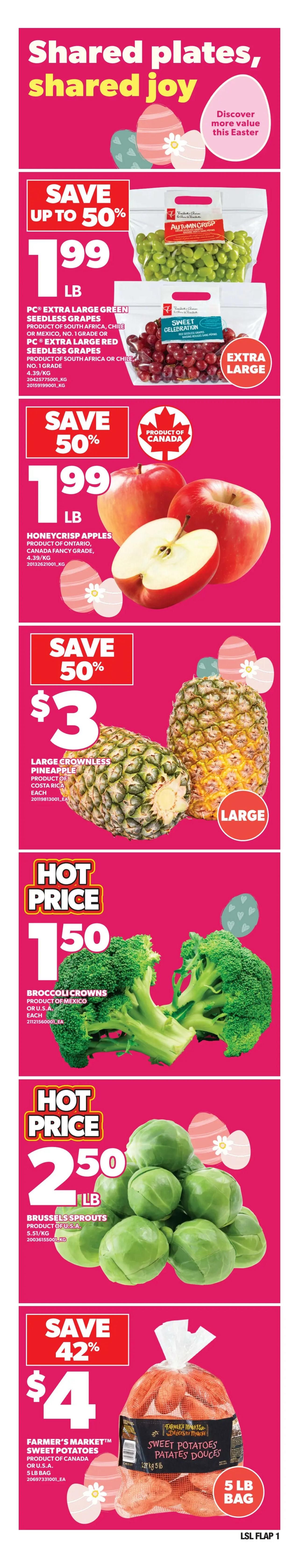 Loblaws weekly flyer specials page 2. Features a 5-day sale from Wednesday, April 1st to Sunday, April 5th, with a large vegetable or fruit platter prepared in-store for $20. Also, an app-exclusive offer for PC Black Tiger Shrimp Ring with Mild Cocktail Sauce for $28, with $8 back in points. Save up to 35% on Balderson Cheddar or Gouda cheese and Piller's Kolbassa sausage for $7. Ace Baguette baked in-store is $3. Mott's Clamato juice in selected varieties (1.89 L) is $3.50. Canada Dry, Coca-Cola, or Pepsi soft drinks (24x355 mL) are $12.99, equivalent to 55 cents per can. PC or Blue Menu Sparkling Water (12x355 mL) is 2 for $11.50, or $6.79 each, with a save $2.08 when you buy 2 offer.