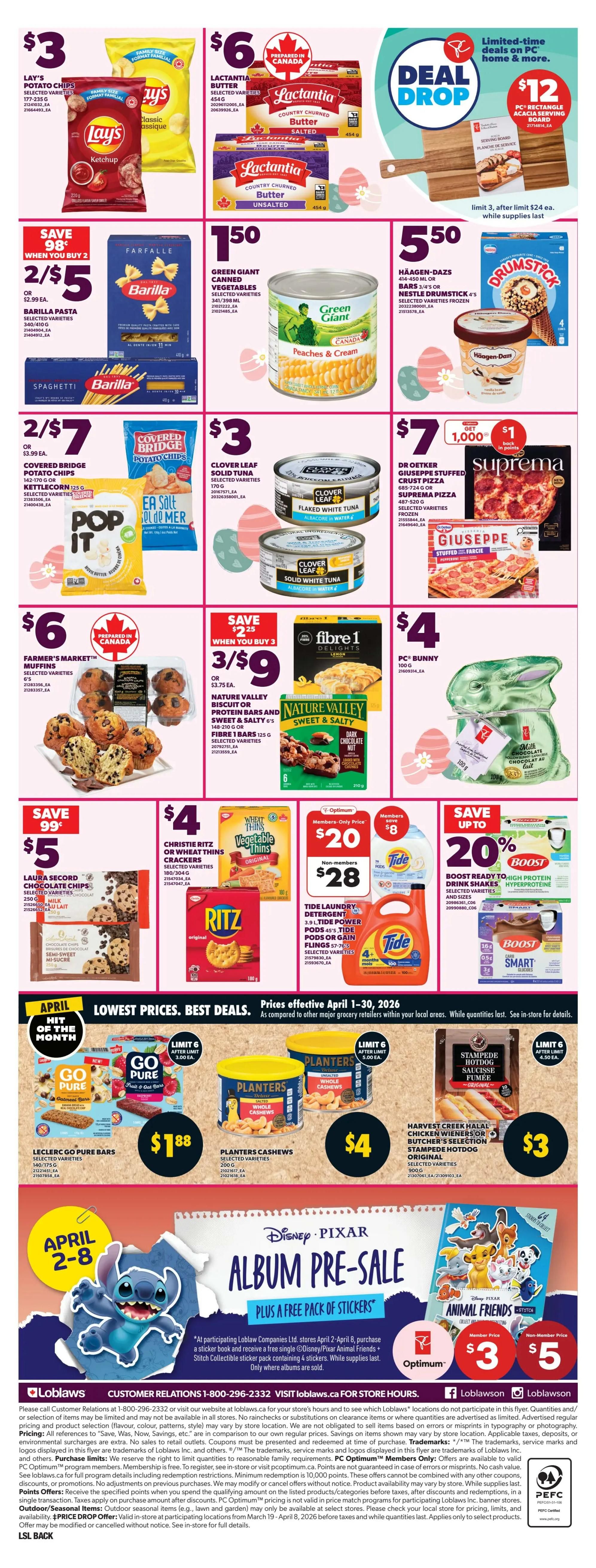 Loblaws Weekly Flyer Specials, Page 4. Featured deals include Lay's Potato Chips for $3, Lactantia Butter for $6, and Green Giant Canned Vegetables for $1.50. Save when you buy 2 Barilla Pasta for $5, or get 2 Covered Bridge Potato Chips and 1 Pop It bag for $7. Clover Leaf Solid Tuna is $3. Häagen-Dazs or Nestlé Drumstick bars are $5.50. Giuseppe Stuffed Crust Pizza is $7 with 1,000 bonus points. Save 99 cents on Laura Secord Chocolate Chips for $5. Christie Ritz or Wheat Thins Crackers are $4. Fibre 1 Bars and Nature Valley Biscuit or Protein Bars are 3 for $9. A PC Bunny Milk Chocolate is $4. Tide Laundry Detergent is $20 for members or $28 for non-members. Boost Ready to Drink Shakes are 20% off. The 'April Hit of the Month' features Leclerc Go Pure Bars for $1.88 and Planters Cashews for $4. Also, Harvest Creek Halal Hotdogs are $3. A Disney Pixar Album Pre-Sale is available with a free sticker pack, with albums priced at $3 for members and $5 for non-members.