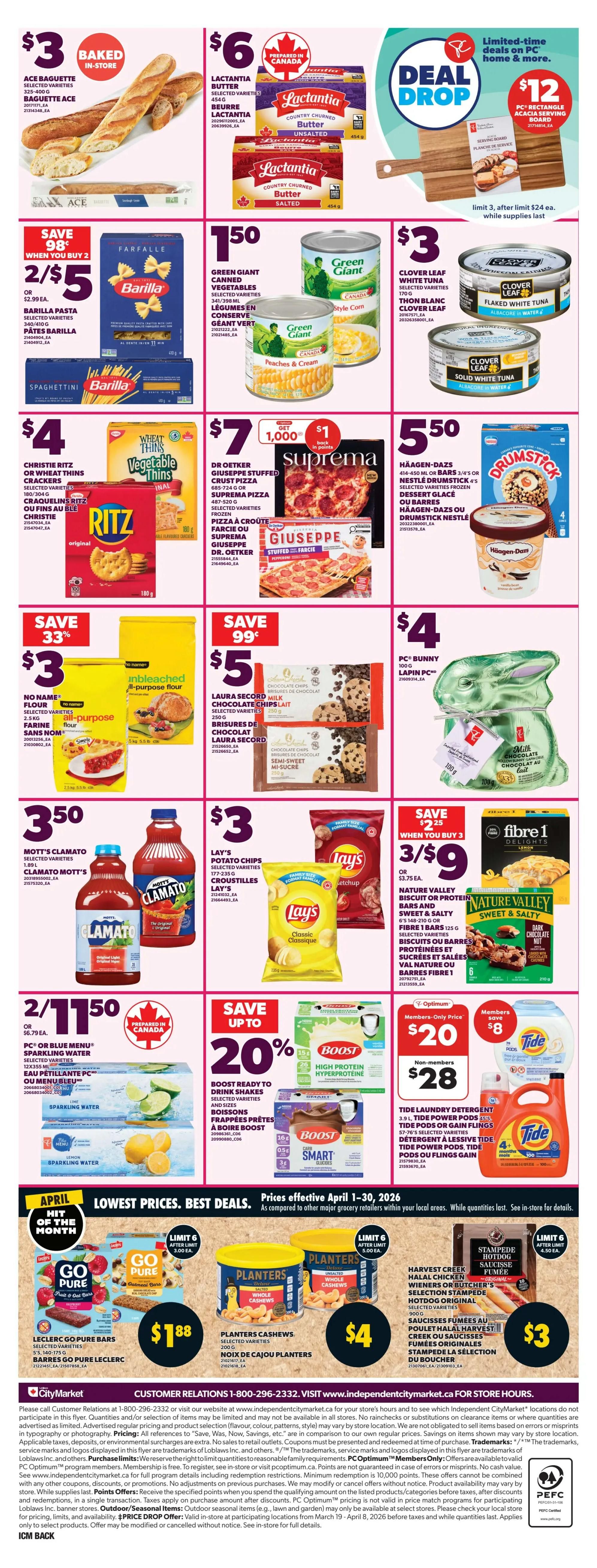 Loblaws weekly flyer specials page 2 features Ace baguette for $3, Lactantia butter for $6, and a PC rectangular acacia serving board for $12. Also on sale are Farfalle pasta 2 for $5, Green Giant canned vegetables for $1.50, and Clover Leaf white tuna for $3. Christie Ritz or Wheat Thins crackers are $4, Giuseppe stuffed crust pizza is $7 with $1 back in points, and Häagen-Dazs or Drumstick frozen desserts are $5.50. Save $3 on No Name all-purpose flour, save 99 cents on Laura Secord chocolate chips for $5, and get a PC milk chocolate bunny for $4. Mott's Clamato is $3.50, Lay's potato chips are $3, and Fibre 1 or Nature Valley bars are 3 for $9. Save up to 20% on Boost ready-to-drink shakes and Tide laundry detergent is $20 for members or $28 for non-members. The bottom section highlights Go Pure Leclerc bars for $1.88, Planters cashews for $4, and Stampede hot dogs for $3. Prices are effective April 1-30, 2026.
