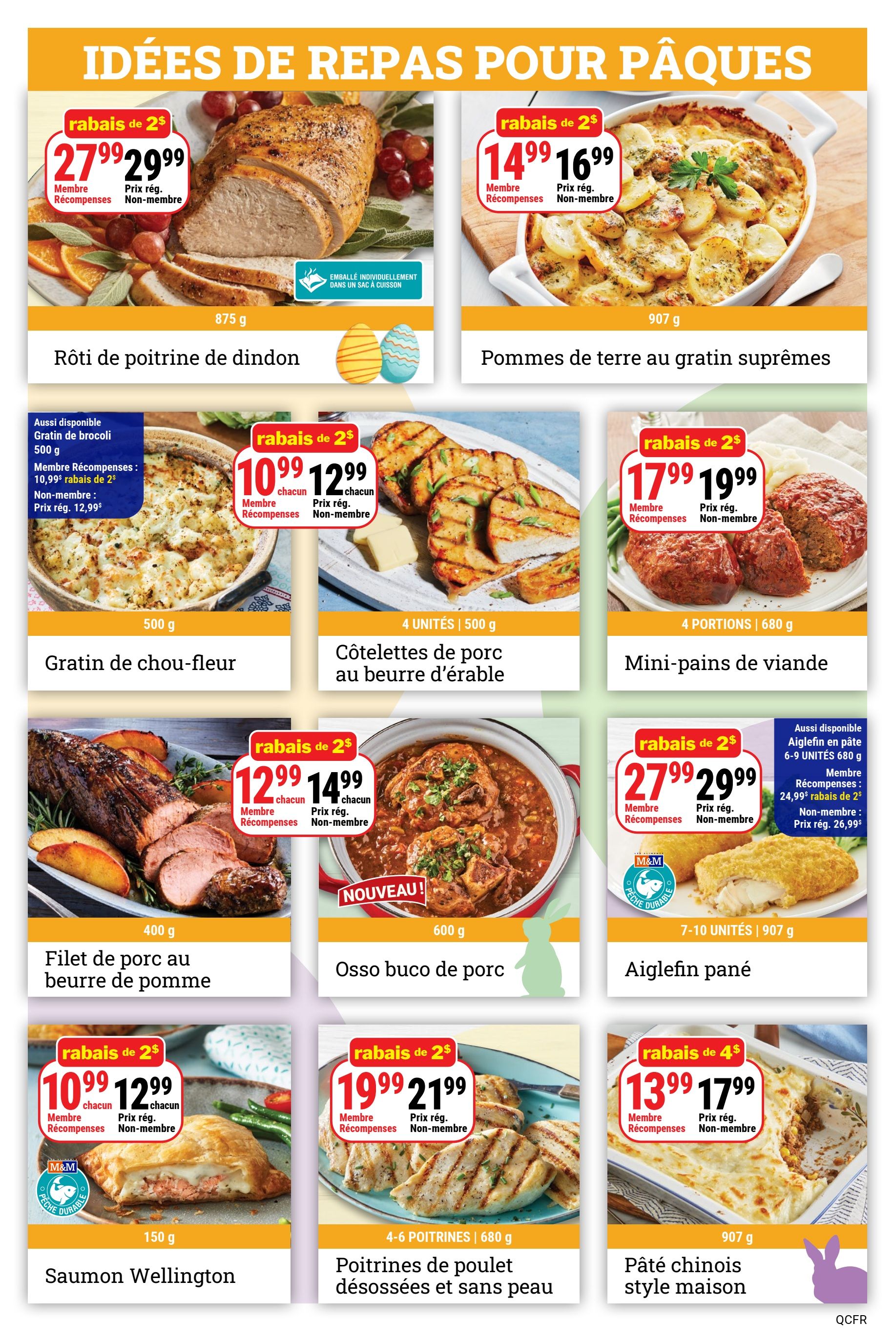 M&M Food Market weekly flyer specials page 3 features Easter meal ideas. Top row includes a $2 discount on a 875g Turkey breast roast, priced at $27.99 for members and $29.99 for non-members, and a $2 discount on 907g Supreme scalloped potatoes, priced at $14.99 for members and $16.99 for non-members. Middle row showcases a $2 discount on 500g Broccoli gratin, available for $10.99 for members and $12.99 for non-members (regular price $12.99). Also featured is a $2 discount on 4 units/500g Maple butter pork chops, priced at $10.99 each for members and $12.99 each for non-members, and a $2 discount on 4 portions/680g Mini meatloaves, priced at $17.99 for members and $19.99 for non-members. Bottom row displays a 400g Apple butter pork tenderloin, and a new 600g Osso buco. Additionally, there is a $2 discount on 7-10 units/907g Breaded Haddock, priced at $27.99 for members and $29.99 for non-members (regular price $29.99). The bottom right features a $4 discount on 907g Homestyle shepherd's pie, priced at $13.99 for members and $17.99 for non-members. Finally, a 150g Salmon Wellington is also available.