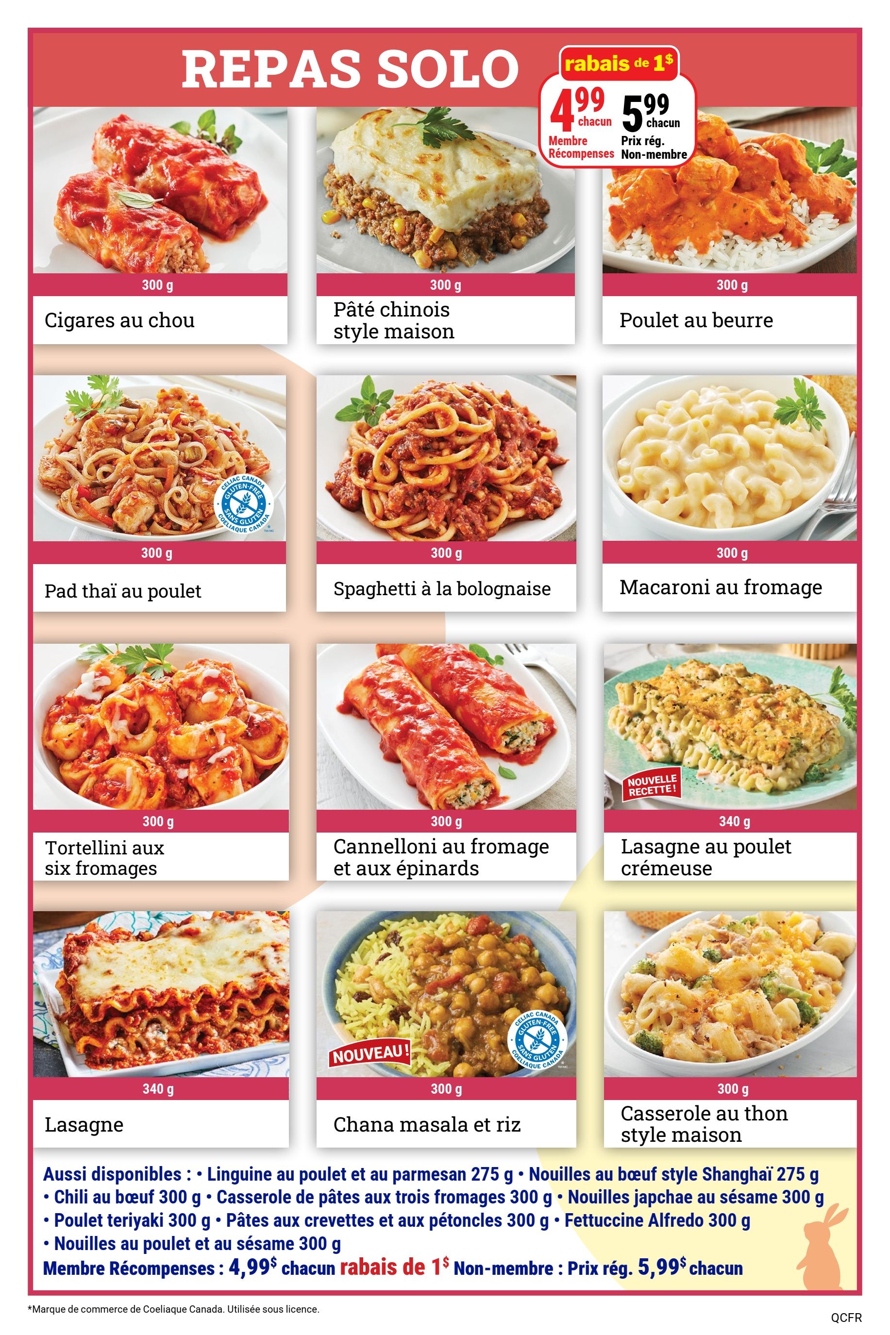M&M Food Market weekly flyer specials page 4 features solo meals. Highlights include cabbage rolls for $4.99 each for Rewards members (regular price $5.99), shepherd's pie, butter chicken, Pad Thai chicken, spaghetti bolognese, macaroni and cheese, six cheese tortellini, spinach and cheese cannelloni, creamy chicken lasagna, and chickpea and rice masala. Also available are chicken parmesan linguine, beef chili, three cheese pasta bake, teriyaki chicken, shrimp and scallop pasta, chicken and sesame noodles, and Alfredo fettuccine. Rewards members pay $4.99 each, with a $1 discount off the regular price of $5.99 for non-members.