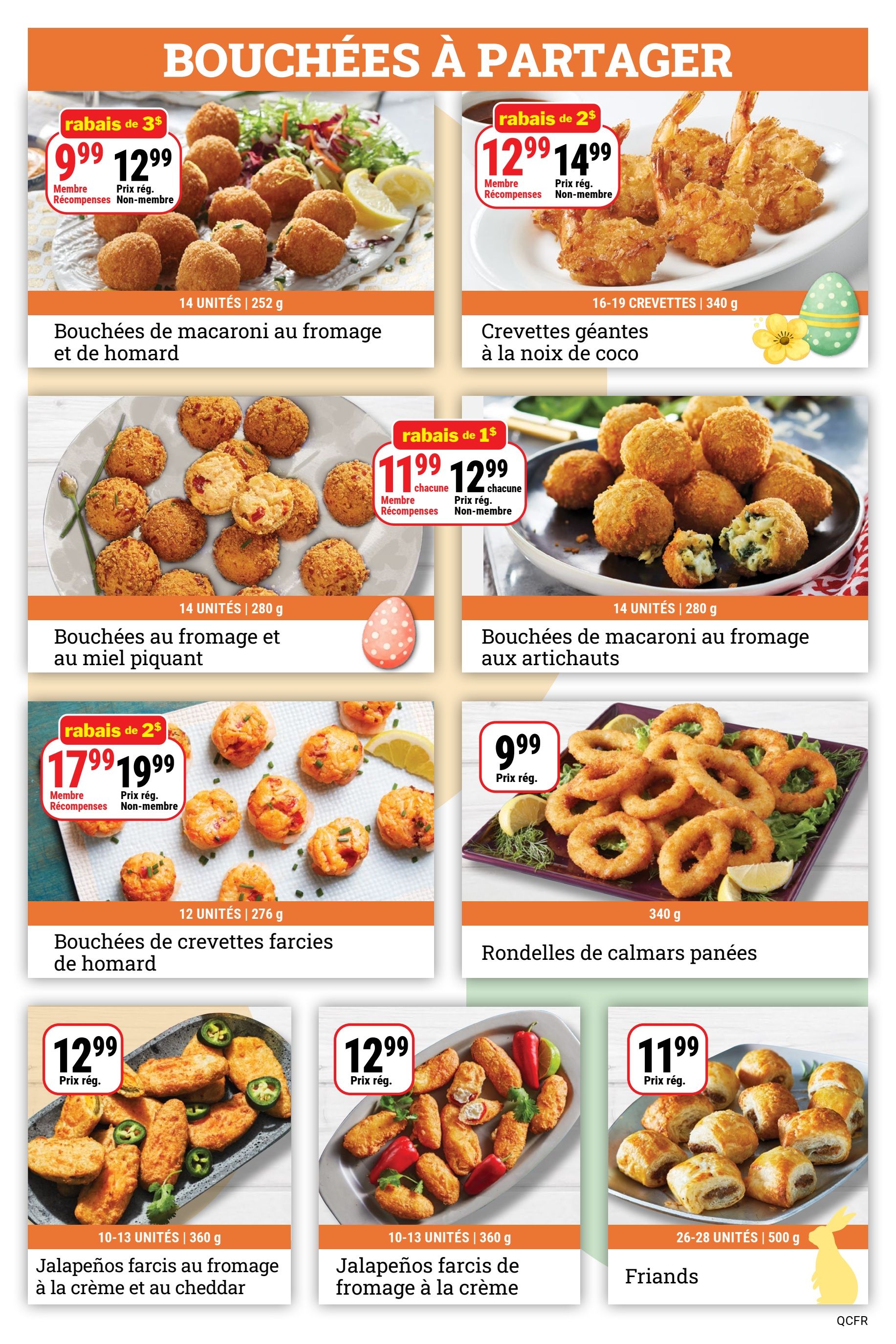 M&M Food Market weekly flyer specials page 5 features appetizers. Top row includes Macaroni and cheese bites with lobster for $9.99 (member price) or $12.99 (regular price), 14 units, 252g. Next to it are Coconut shrimp for $12.99 (member price) or $14.99 (regular price), 16-19 shrimp, 340g. Middle row shows Cheese and spicy honey bites for $11.99 each (member price) or $12.99 each (regular price), 14 units, 280g. Next to it are Macaroni and cheese bites with artichokes for $11.99 each (member price) or $12.99 each (regular price), 14 units, 280g. Bottom row features Lobster-stuffed shrimp bites for $17.99 (member price) or $19.99 (regular price), 12 units, 276g. To the right are Breaded calamari rings for $9.99 regular price, 340g. The last row shows Jalapeños stuffed with cream cheese and cheddar for $12.99 regular price, 10-13 units, 360g. Next to it are Jalapeños stuffed with cream cheese for $12.99 regular price, 10-13 units, 360g. Finally, Friands are available for $11.99 regular price, 26-28 units, 500g.