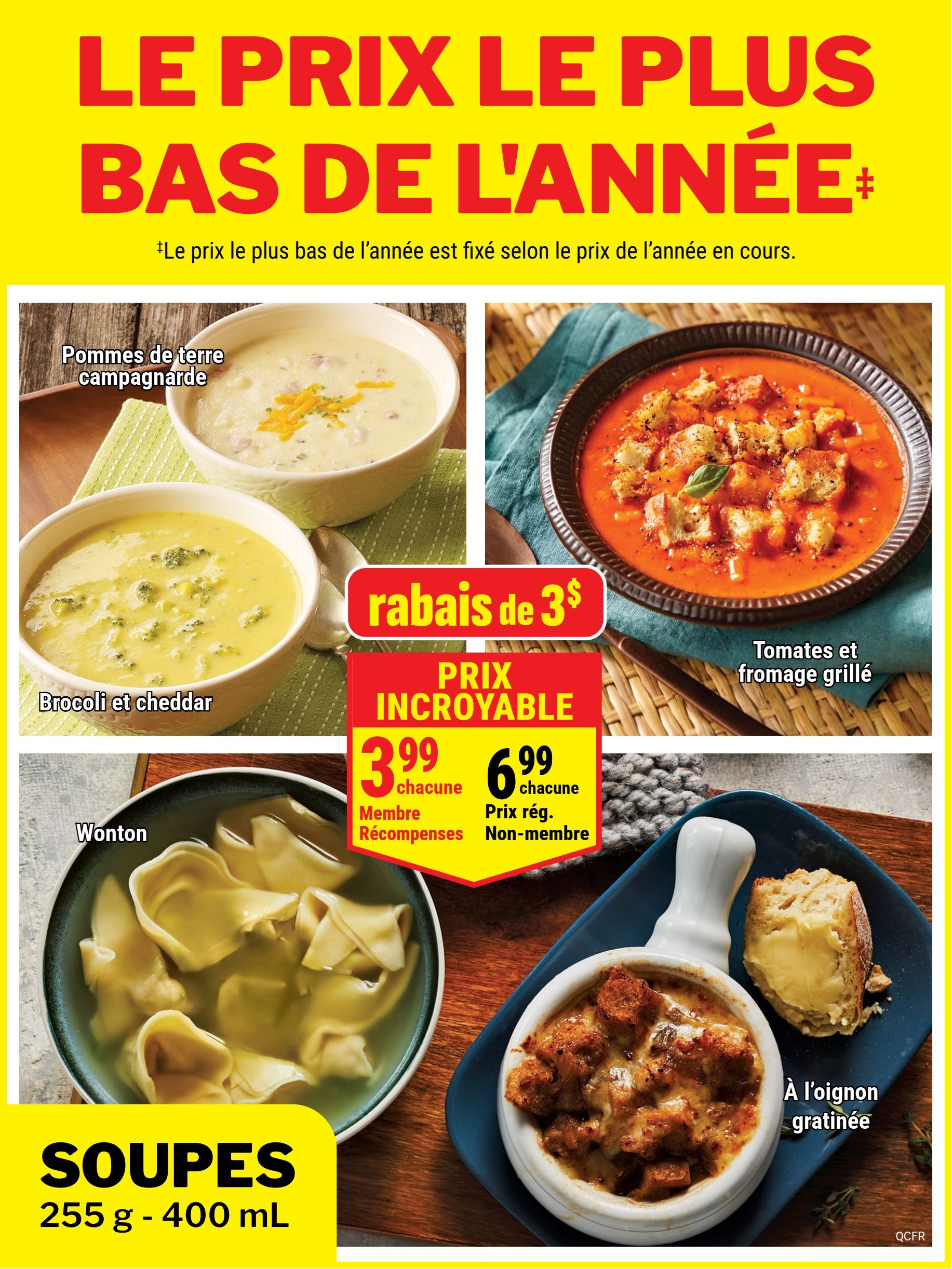 M&M Food Market weekly flyer specials page 9 features a 'Lowest Price of the Year' promotion on soups. Pictured are four varieties: Country-style Potato soup, Broccoli and Cheddar soup, Wonton soup, and French Onion soup. The Broccoli and Cheddar soup and Wonton soup are on special for $3.99 each for Rewards Members, with a regular price of $6.99 each for non-members. There is a $3 discount advertised. All soups are available in 255 g - 400 mL sizes.