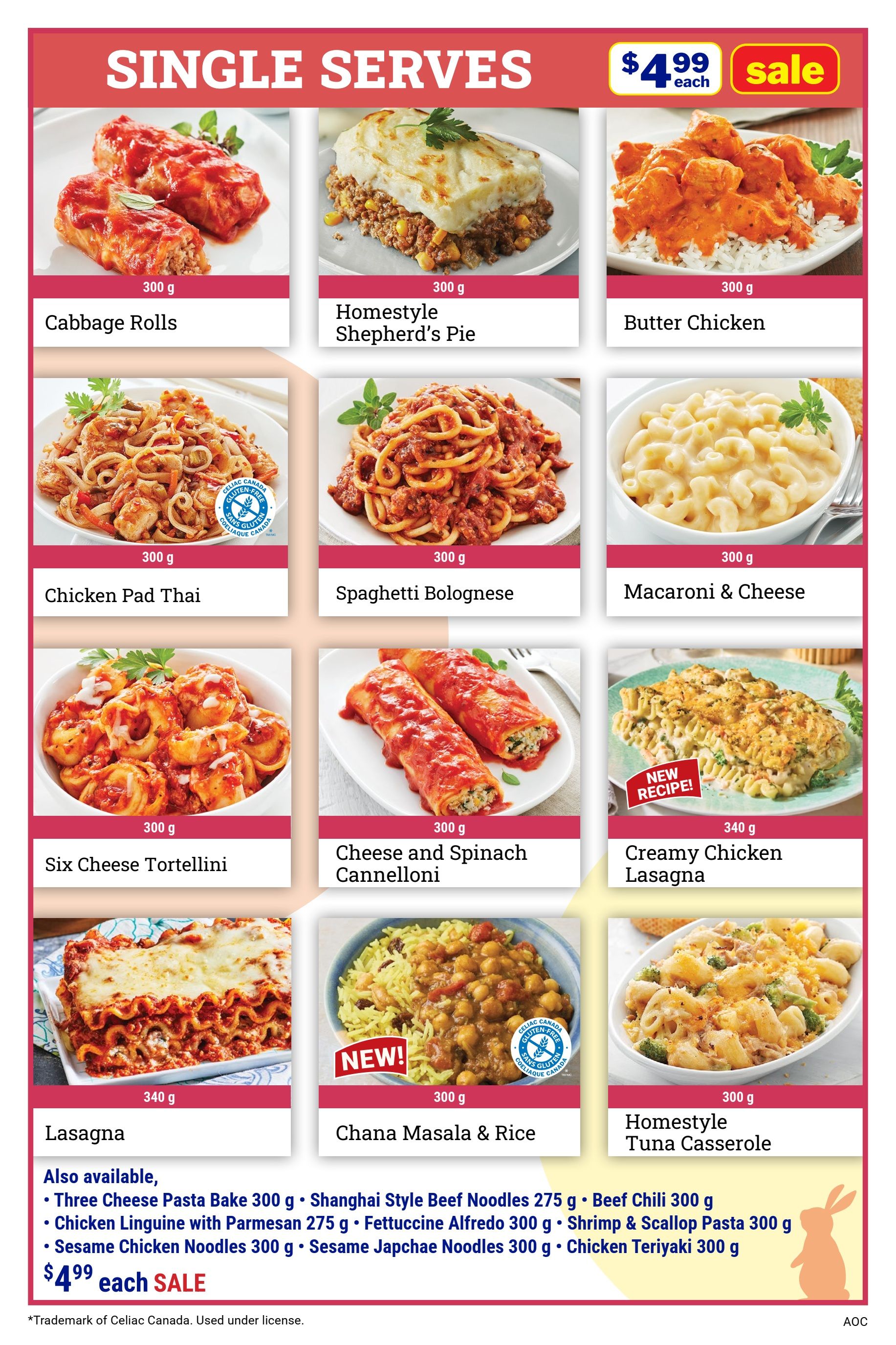 M&M Food Market flyer page 4 featuring Single Serves. All items are on sale for $4.99 each. Pictured are Cabbage Rolls (300 g), Homestyle Shepherd's Pie (300 g), Butter Chicken (300 g), Chicken Pad Thai (300 g), Spaghetti Bolognese (300 g), Macaroni & Cheese (300 g), Six Cheese Tortellini (300 g), Cheese and Spinach Cannelloni (300 g), Creamy Chicken Lasagna (340 g) with a 'New Recipe!' tag, Lasagna (340 g), Chana Masala & Rice (300 g) with a 'New!' tag, and Homestyle Tuna Casserole (300 g). Also available are Three Cheese Pasta Bake (300 g), Shanghai Style Beef Noodles (275 g), Beef Chili (300 g), Chicken Linguine with Parmesan (275 g), Fettuccine Alfredo (300 g), Shrimp & Scallop Pasta (300 g), Sesame Chicken Noodles (300 g), Sesame Japchae Noodles (300 g), and Chicken Teriyaki (300 g). All these items are also on sale for $4.99 each. The page notes that Celiac Canada's trademark is used under license.