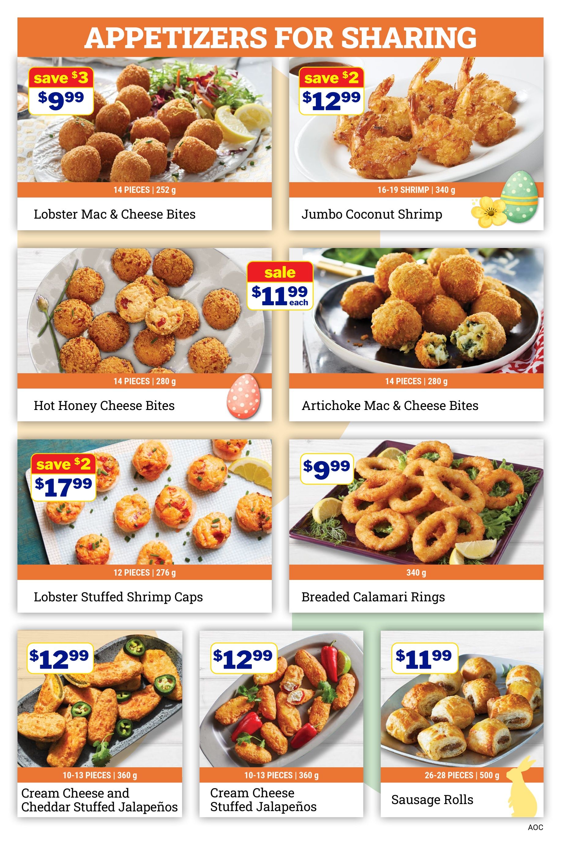 M&M Food Market weekly flyer specials, page 5, featuring appetizers for sharing. Top row: Lobster Mac & Cheese Bites, 14 pieces (252 g) for $9.99 (save $3), and Jumbo Coconut Shrimp, 16-19 shrimp (340 g) for $12.99 (save $2). Middle row: Hot Honey Cheese Bites, 14 pieces (280 g) on sale for $11.99 each, and Artichoke Mac & Cheese Bites, 14 pieces (280 g) for $11.99 each. Bottom row: Lobster Stuffed Shrimp Caps, 12 pieces (276 g) for $17.99 (save $2), Breaded Calamari Rings (340 g) for $9.99, Cream Cheese and Cheddar Stuffed Jalapeños, 10-13 pieces (360 g) for $12.99, Cream Cheese Stuffed Jalapeños, 10-13 pieces (360 g) for $12.99, and Sausage Rolls, 26-28 pieces (500 g) for $11.99.