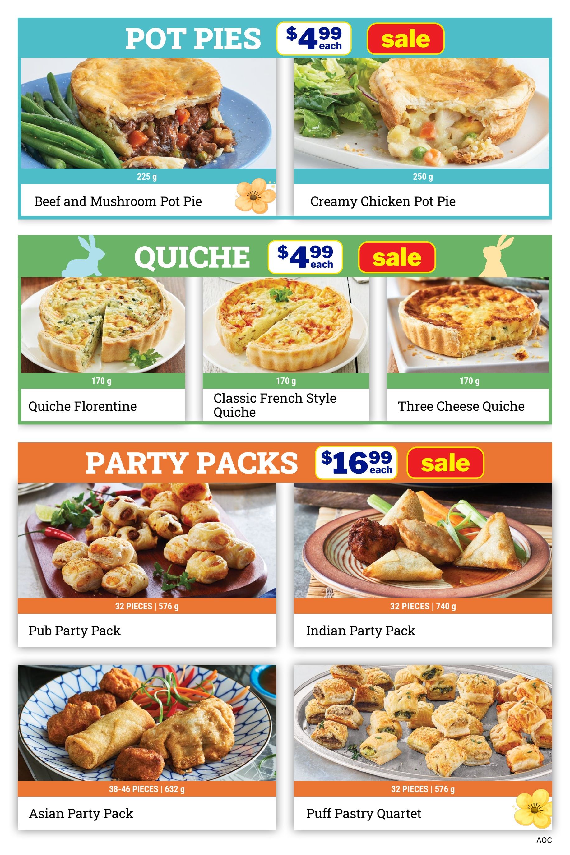 M&M Food Market flyer page 7 featuring Pot Pies, Quiches, and Party Packs. Pot Pies include Beef and Mushroom Pot Pie and Creamy Chicken Pot Pie, both priced at $4.99 each. Quiches include Quiche Florentine, Classic French Style Quiche, and Three Cheese Quiche, also priced at $4.99 each. Party Packs are on sale for $16.99 each and include Pub Party Pack (32 pieces, 576 g), Indian Party Pack (32 pieces, 740 g), Asian Party Pack (38-46 pieces, 632 g), and Puff Pastry Quartet (32 pieces, 576 g).