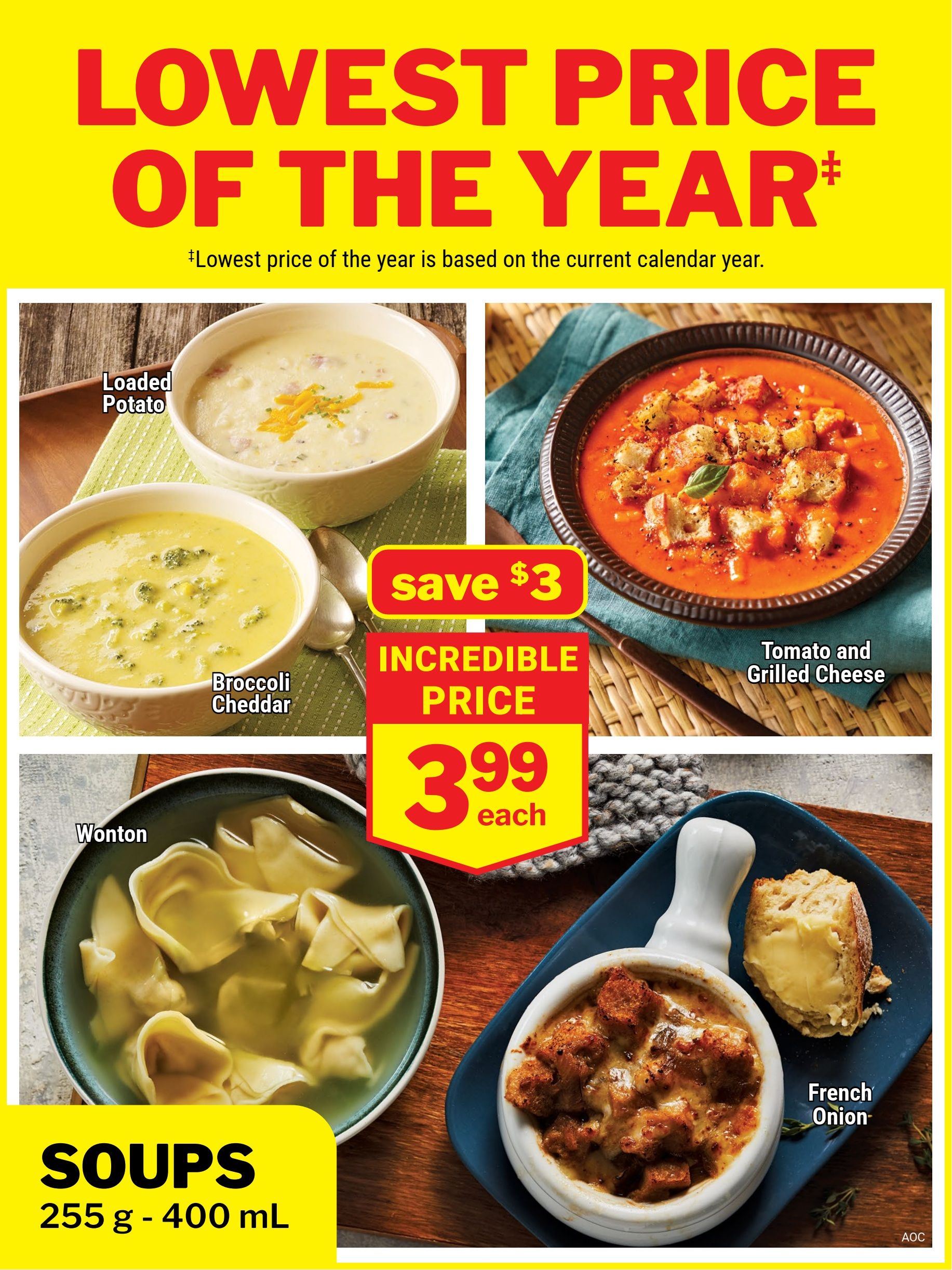 M&M Food Market flyer page 8 featuring a selection of soups with the 'Lowest Price of the Year' promotion. Pictured are Loaded Potato soup, Broccoli Cheddar soup, Wonton soup, and French Onion soup. All soups are priced at an incredible $3.99 each, with a save $3 offer highlighted. The soups are available in sizes from 255 g to 400 mL.