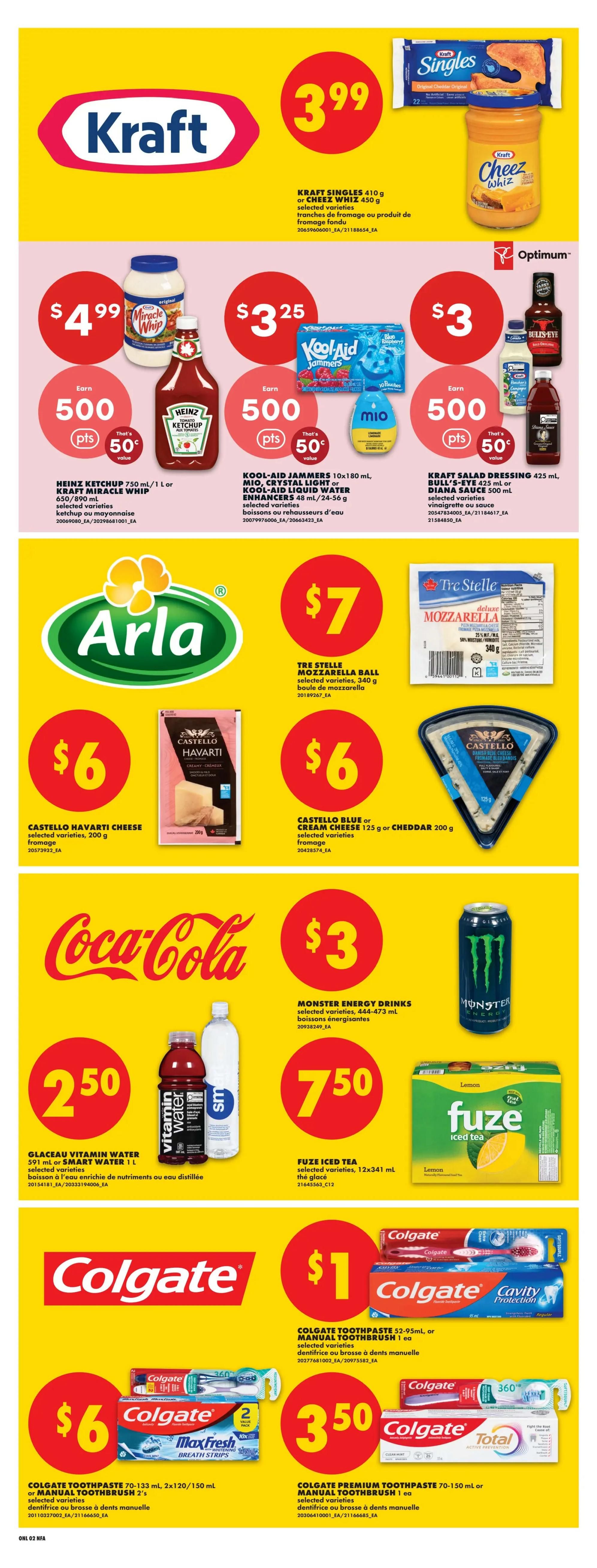 No Frills Atlantic Canada weekly flyer specials page 8. Featured products include Kraft Singles or Cheez Whiz for $3.99, Heinz Ketchup or Kraft Miracle Whip for $4.99 with 500 points (50¢ value), Kool-Aid Jammers or Mio Crystal Light for $3.25, and Kraft Salad Dressing or Blue-Eyed/Diana Sauce for $3.00. Also on sale is Tre Stelle Mozzarella Ball for $7, and Castello Havarti Cheese or Castello Blue/Cream Cheese for $6. Coca-Cola products include Glaceau Vitamin Water or Smart Water for $2.50, and Monster Energy Drinks for $3. Fuze Iced Tea is $7.50. Colgate Toothpaste 52-95mL or manual toothbrush is $1. Colgate Toothpaste 70-133mL or manual toothbrush 2's is $6. Colgate Premium Toothpaste 70-150mL or manual toothbrush 1's is $3.50.
