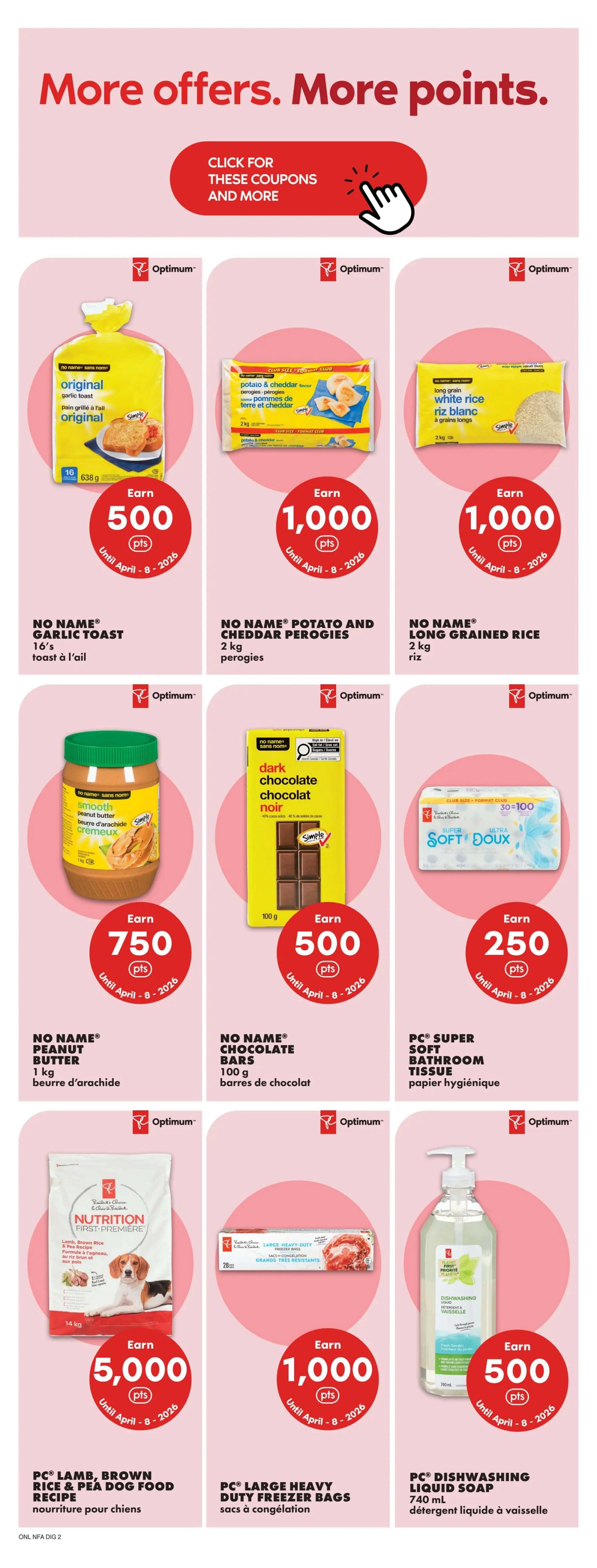 No Frills Atlantic Canada weekly flyer specials page 12. Features 'More offers. More points.' section with a call to action to click for coupons. Products include No Name Garlic Toast, earn 500 Optimum points; No Name Potato and Cheddar Perogies, earn 1,000 Optimum points; No Name Long Grained Rice, earn 1,000 Optimum points. Also featured are No Name Peanut Butter, earn 750 Optimum points; No Name Chocolate Bars, earn 500 Optimum points; PC Super Soft Bathroom Tissue, earn 250 Optimum points. Additional offers include PC Lamb, Brown Rice & Pea Dog Food Recipe, earn 5,000 Optimum points; PC Large Heavy Duty Freezer Bags, earn 1,000 Optimum points; and PC Dishwashing Liquid Soap, earn 500 Optimum points. All offers are valid until April 8, 2026.