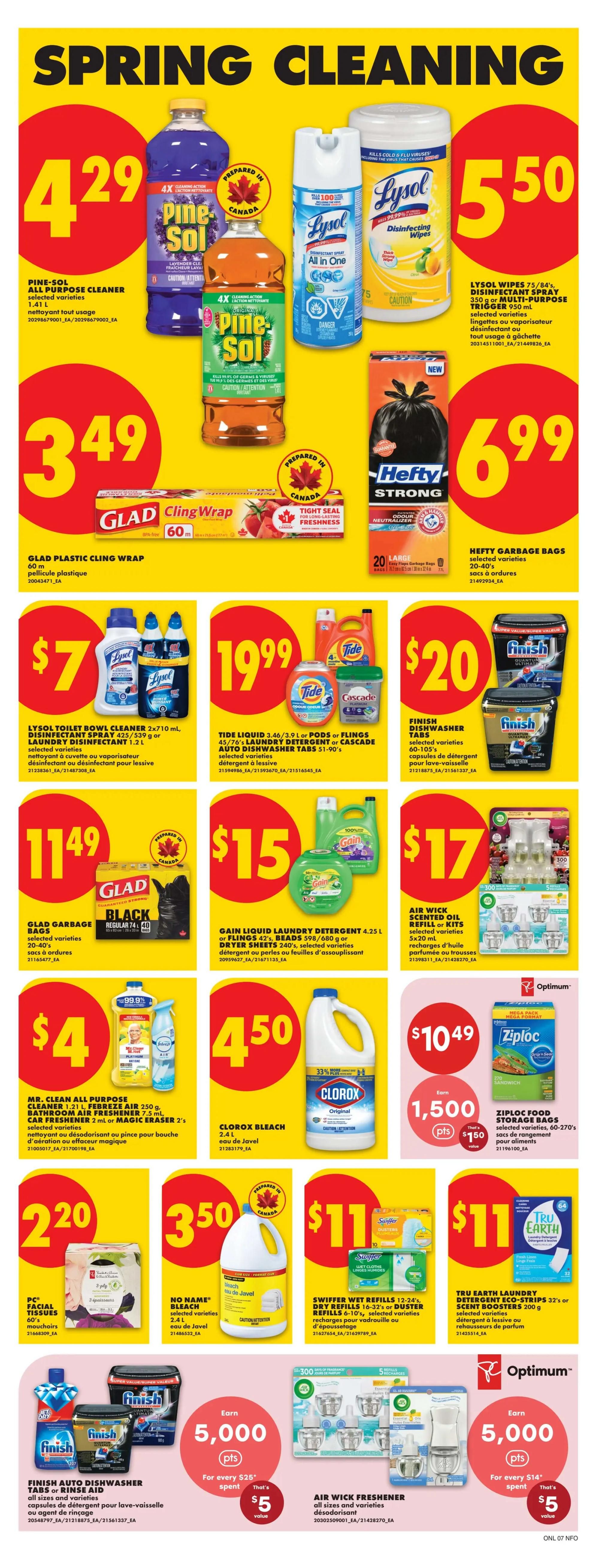 No Frills weekly flyer specials page 13 featuring Spring Cleaning products. Deals include Pine-Sol all purpose cleaner for $4.29, Glad plastic cling wrap for $3.49, Lysol wipes and multi-purpose spray for $5.50, and Hefty garbage bags for $6.99. Also featured are Lysol toilet bowl cleaner for $7, Tide liquid laundry detergent or Cascade auto dishwasher tabs for $19.99, Finish dishwasher tabs for $20, Glad garbage bags for $11.49, Gain liquid laundry detergent or dryer sheets for $15, and Air Wick scented oil refills or kits for $17. Additional offers include Mr. Clean all purpose cleaner, Febreze air freshener, or Magic Eraser for $4, Clorox bleach for $4.50, Ziploc food storage bags for $10.49 with 1,500 Optimum points when you spend $150, PC facial tissues for $2.20, No Name bleach for $3.50, Swiffer wet refills or dry refills for $11, and Tru Earth laundry detergent eco-strips or scent boosters for $11. Special offers include earning 5,000 Optimum points (valued at $5) for every $25 spent on Finish auto dishwasher tabs or rinse aid, and earning 5,000 Optimum points (valued at $5) for every $14 spent on Air Wick fresheners.