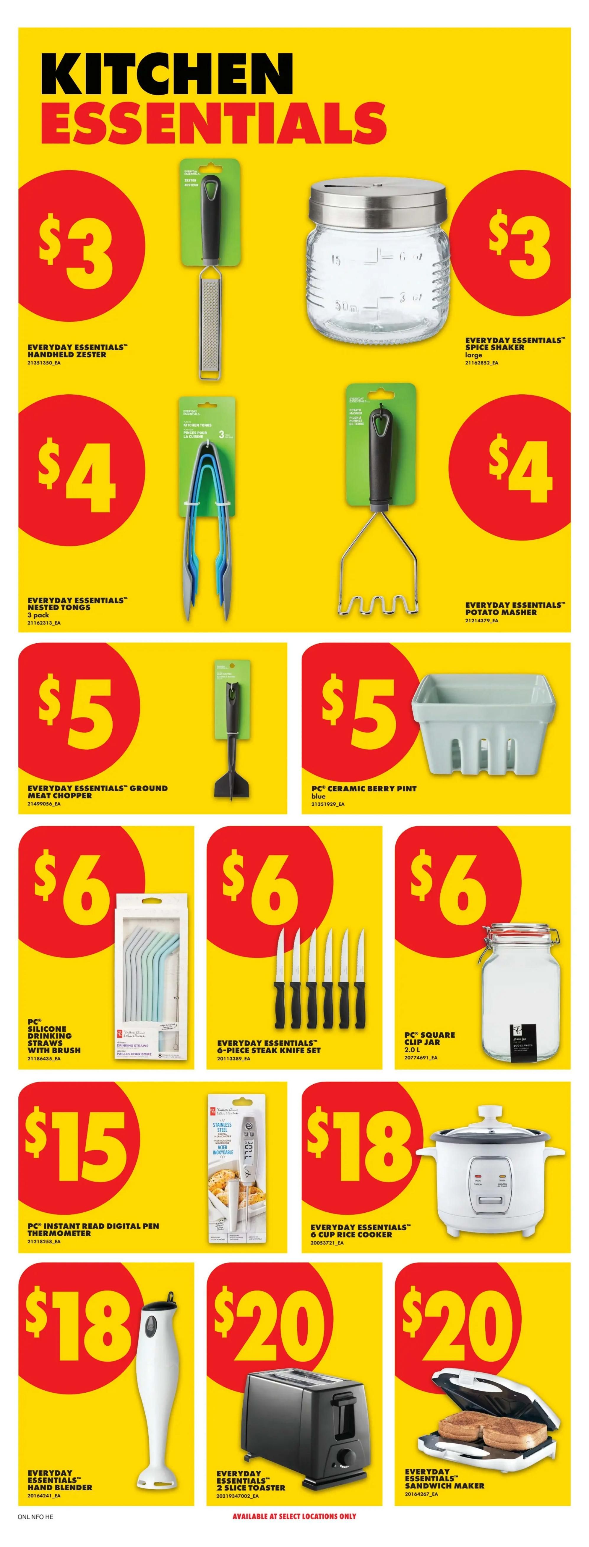 No Frills flyer page 18 featuring 'Kitchen Essentials'. Items on sale include: Everyday Essentials Handheld Zester for $3, Everyday Essentials Spice Shaker for $3, Everyday Essentials Nested Tongs (3 pack) for $4, Everyday Essentials Potato Masher for $4, Everyday Essentials Ground Meat Chopper for $5, PC Ceramic Berry Pint in blue for $5, PC Silicone Drinking Straws with Brush for $6, Everyday Essentials 6-Piece Steak Knife Set for $6, PC Square Clip Jar (2.0 L) for $6, PC Instant Read Digital Pen Thermometer for $15, Everyday Essentials 6 Cup Rice Cooker for $18, Everyday Essentials Hand Blender for $18, Everyday Essentials 2 Slice Toaster for $20, and Everyday Essentials Sandwich Maker for $20. Some items are available at select locations only.