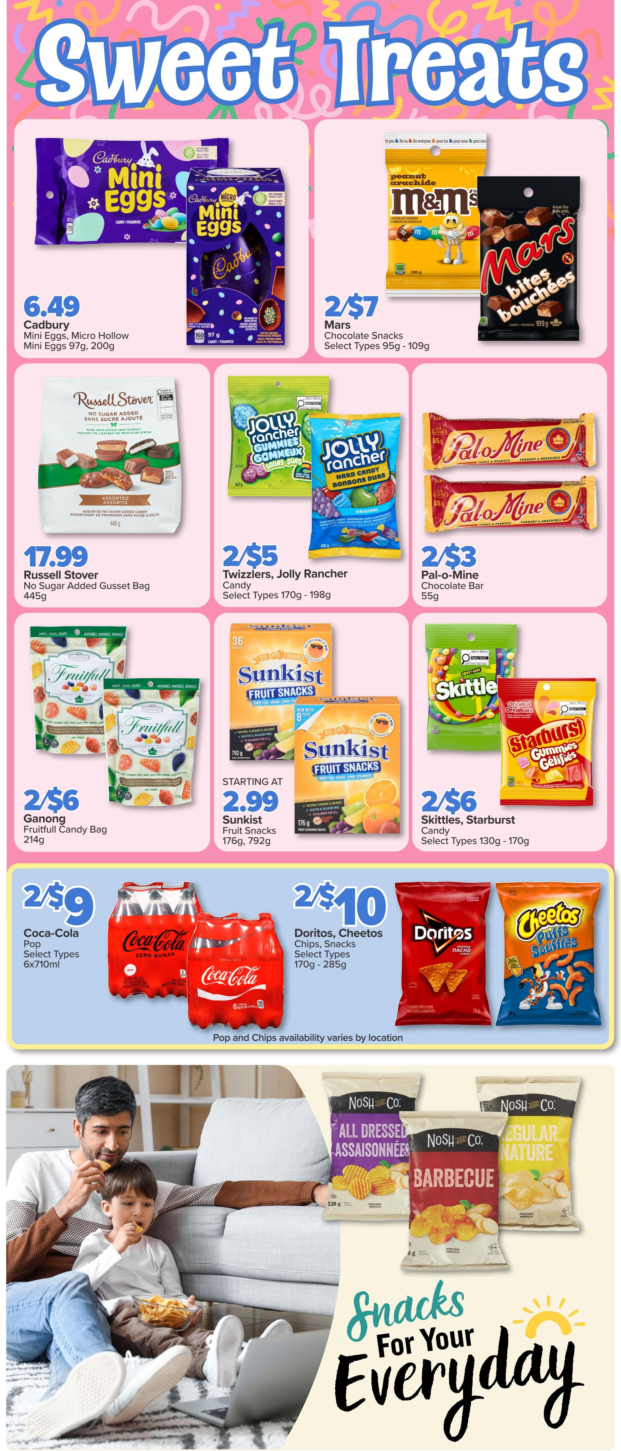 PharmaChoice flyer page 5 featuring 'Sweet Treats' and 'Snacks For Your Everyday'. Deals include Cadbury Mini Eggs Micro Hollow Mini Eggs for $6.49 (97g), Mars Chocolate Snacks (M&M's, Mars Bites) for 2/$7 (95g-109g), Russell Stover No Sugar Added Gusset Bag for $17.99 (445g), Twizzlers and Jolly Rancher Candy for 2/$5 (170g-198g), Pal-o-Mine Chocolate Bars for 2/$3 (55g), Ganong Fruitfull Candy Bags for 2/$6 (214g), Sunkist Fruit Snacks starting at $2.99 (176g, 792g), and Skittles and Starburst Candy for 2/$6 (130g-170g). Also featured are Coca-Cola Pop Select Types for 2/$9 (6x710ml), Doritos and Cheetos Chips/Snacks for 2/$10 (170g-285g), and Nosh.Co Potato Chips in All Dressed, Barbecue, and Regular Nature flavours.