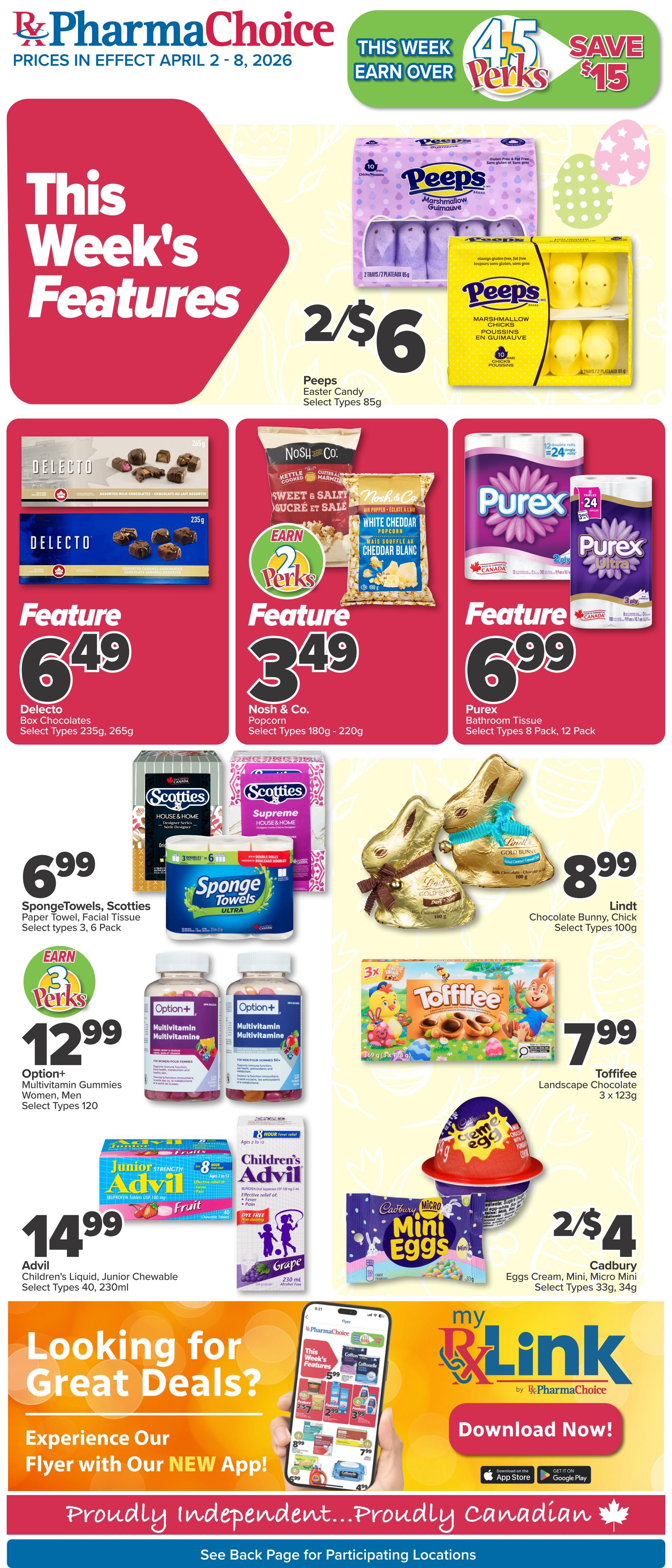 PharmaChoice Weekly Flyer Specials, prices in effect April 2-8, 2026. This week's features include Peeps Easter Candy, select types 85g, on sale 2 for $6. Delecto Box Chocolates, select types 235g, 265g, featured at $6.49. Nosh & Co. Popcorn, select types 180g-220g, featured at $3.49 and earn 2 Perks. Purex Bathroom Tissue, select types 8 pack, 12 pack, featured at $6.99. SpongeTowels, Scotties Paper Towel, Facial Tissue, select types 3, 6 pack, on sale for $6.99. Lindt Chocolate Bunny, Chick, select types 100g, on sale for $8.99. Option+ Multivitamin Gummies for Women, Men, select types, 120 count, featured at $12.99 and earn 3 Perks. Toffifee Landscape Chocolate 3 x 123g, on sale for $7.99. Advil Children's Liquid, Junior Chewable, select types 40, 230ml, on sale for $14.99. Cadbury Eggs Cream, Mini, Micro Mini, select types 33g, 34g, on sale 2 for $4. Also featured is a 'This Week Earn Over 45 Perks Save $15' promotion. The flyer also promotes the new PharmaChoice app for viewing deals.
