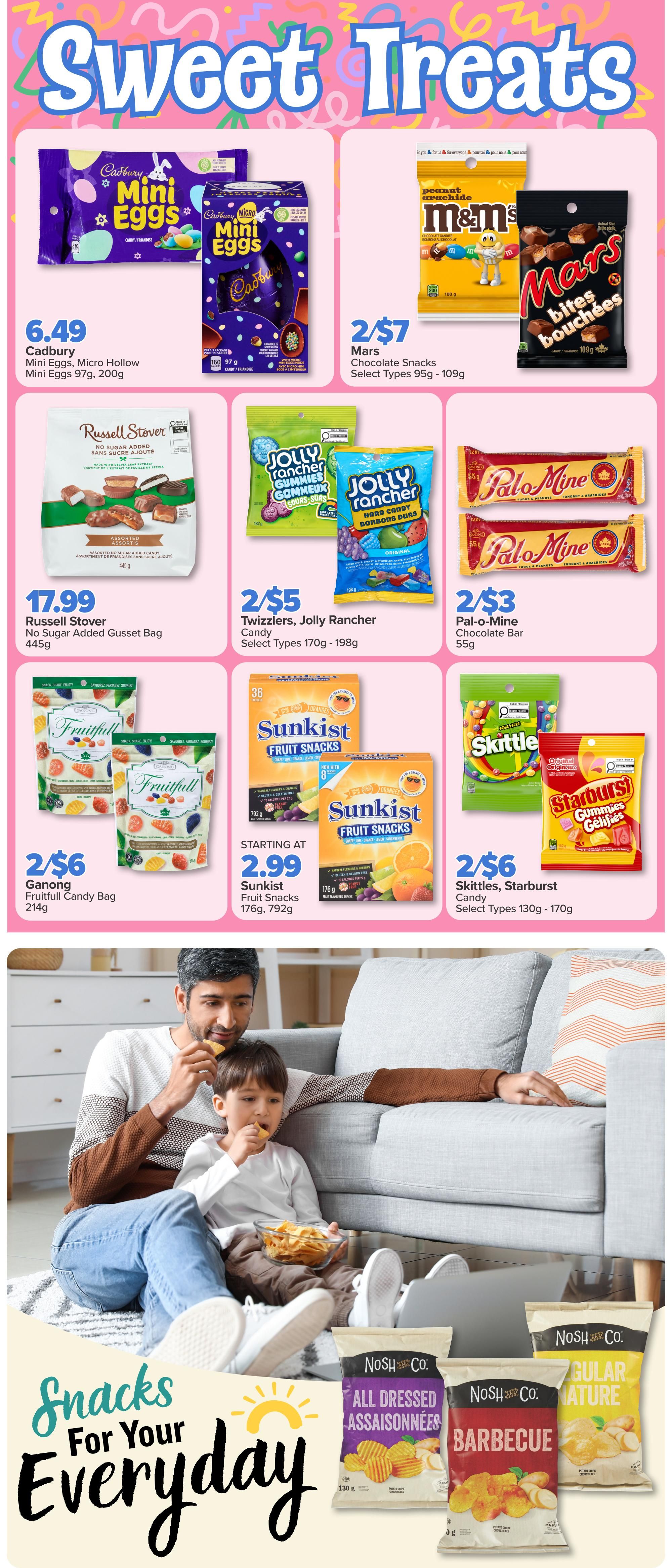 PharmaChoice Western Weekly Flyer Specials, Page 5. Featured sweet treats include Cadbury Mini Eggs Micro Hollow Mini Eggs for $6.49 (97g, 200g), Mars Chocolate Snacks (M&M's, Mars Bites) for 2/$7 (95g - 109g), and Pal-o-Mine Chocolate Bars for 2/$3 (55g). Also available are Russell Stover No Sugar Added Gusset Bags for $17.99 (445g), Twizzlers and Jolly Rancher Candies for 2/$5 (170g - 198g), Ganong Fruitfull Candy Bags for 2/$6 (214g), Sunkist Fruit Snacks starting at $2.99 (176g, 792g), and Skittles and Starburst Gummies for 2/$6 (130g - 170g). The bottom section highlights 'Snacks For Your Everyday' with No Name Co. chips in All Dressed, Barbecue, and Regular flavours.