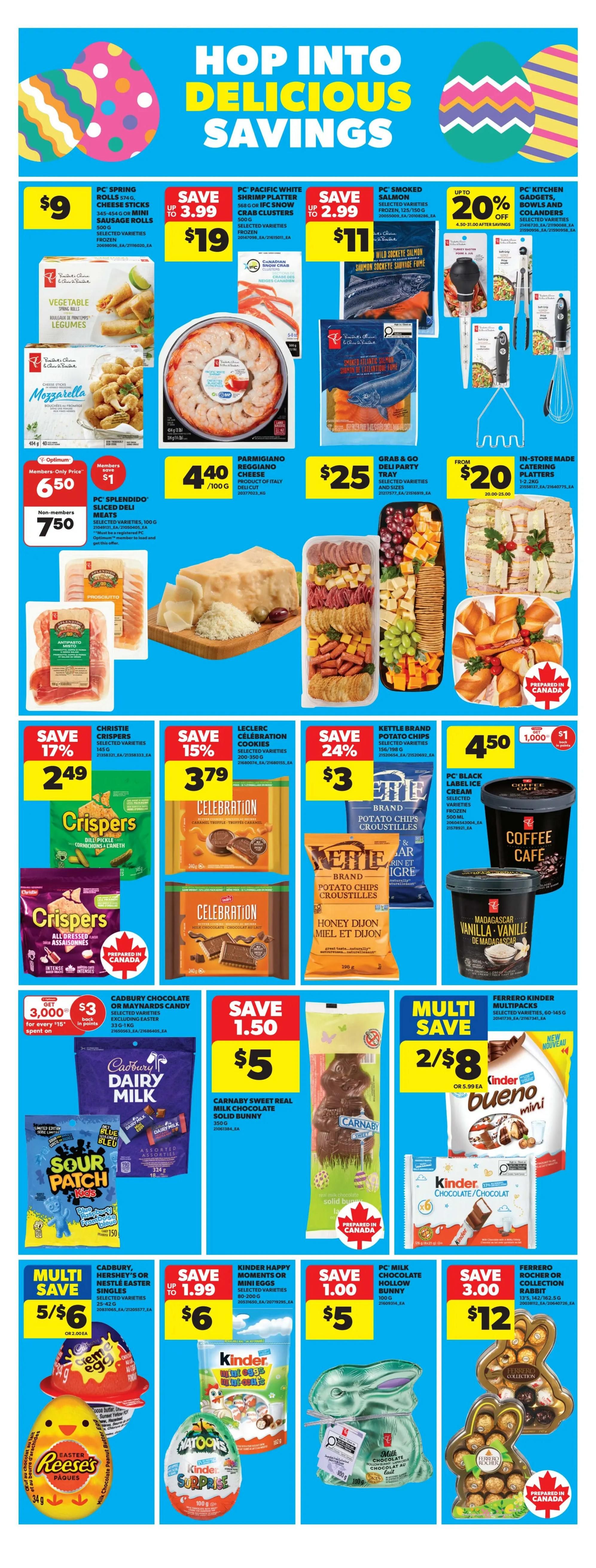 Real Canadian Superstore weekly flyer specials page 8 features 'Hop Into Delicious Savings' with various Easter-themed deals. Highlighted items include PC Spring Rolls or Mini Sausage Rolls for $9, PC Pacific White Shrimp Platter for $19, and PC Smoked Salmon for $11. Also featured are PC Kitchen Gadgets and Colanders with up to 20% off. Other deals include Vegetable Spring Rolls for $7.50, Parmigiano Reggiano Cheese for $4.40/100g, Grab & Go Deli Party Tray for $25, and In-Store Made Catering Platters from $20. Savings on Christie Crispers are $2.49, Leclerc Celebration Cookies for $3.79, and Kettle Brand Potato Chips for $3. PC Splendido Sliced Deli Meats are $6.50 for Optimum members and $7.50 for non-members. Cadbury Chocolate or Maynards Candy offers 3,000 PC Optimum points back for every $15 spent. Carnaby Sweet Real Milk Chocolate Solid Bunny is $5. Multi-save deals include Cadbury, Hershey's or Nestle Easter Singles 5 for $6, and Kinder Bueno Mini 2 for $8. Also available are Kinder Happy Moments or Mini Eggs for $6, PC Milk Chocolate Hollow Bunny for $5, and Ferrero Rocher Collection Rabbits for $12.
