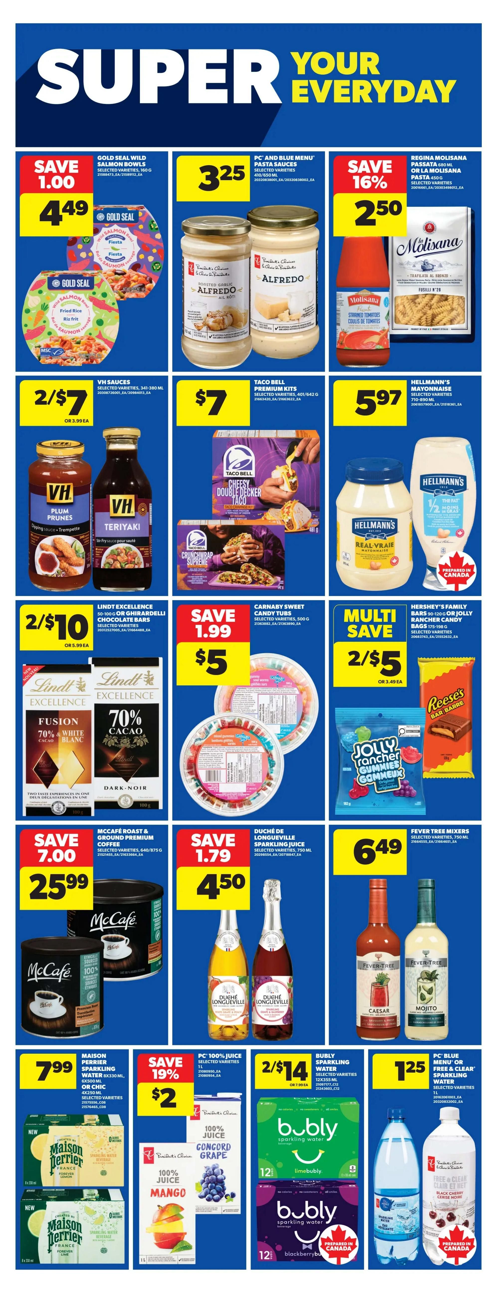 Real Canadian Superstore flyer page 21 features savings on a variety of grocery items. Save $1.00 on Gold Seal Wild Salmon Bowls, now $4.49. PC and Blue Menu Pasta Sauces are $3.25. Regina Molisana Pasta is on sale for $2.50, a 16% saving. VH Sauces are 2 for $7. Taco Bell Premium Kits are $7. Hellmann's Mayonnaise is $5.97. Lindt Excellence Chocolate Bars are 2 for $10. Carnaby Sweet Candy Tubs are $5, a saving of $1.99. Hershey's Family Bars or Jolly Rancher Candy Bags are multi-save at 2 for $5. McCafé Roast & Ground Premium Coffee is on sale for $25.99, saving $7.00. Douché de Longueville Sparkling Juice is $4.50, a saving of $1.79. Fever Tree Mixers are $6.49. Maison Perrier Sparkling Water is $7.99. PC 100% Juice (Concord Grape and Mango) is on sale for $2, a 19% saving. Bubly Sparkling Water is 2 for $14. PC Blue Menu Free & Clear Sparkling Water is $1.25.