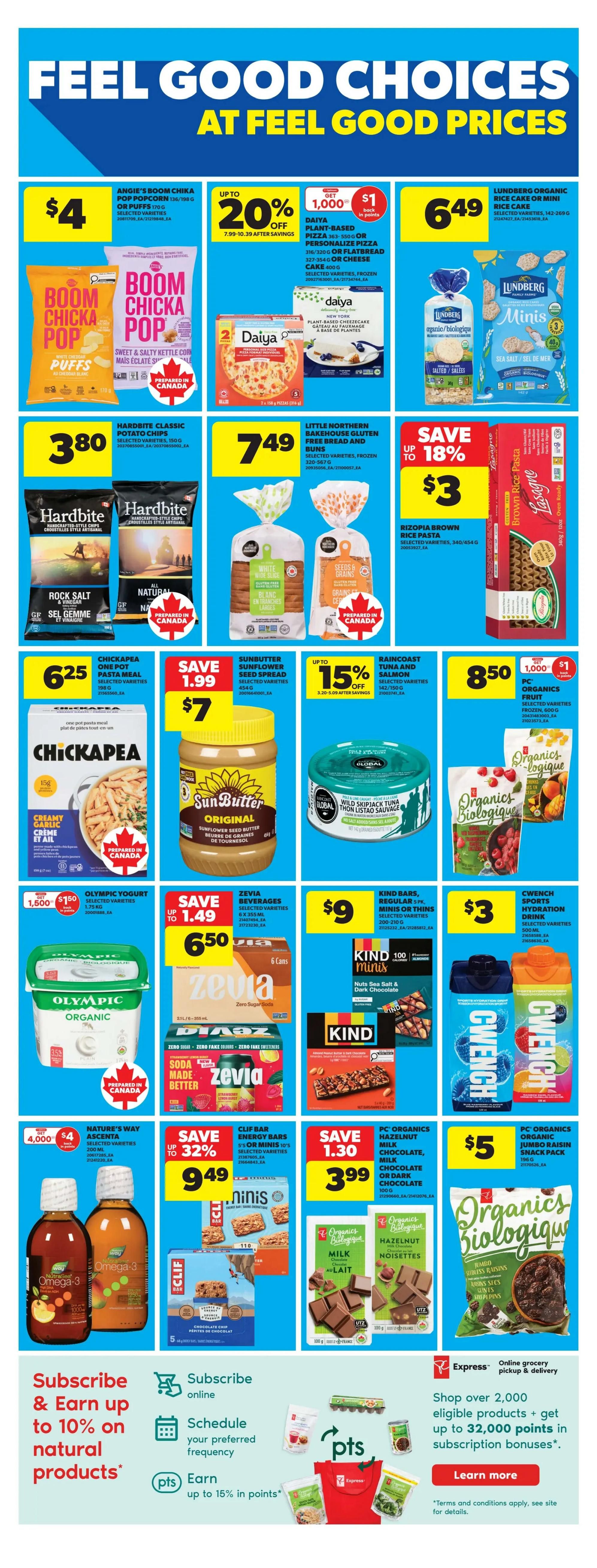 Real Canadian Superstore Ontario flyer page 23 featuring 'Feel Good Choices at Feel Good Prices'. Offers include Angie's Boom Chika Pop popcorn for $4, Daiya plant-based pizza or cheesecake for up to 20% off and $1 back in points, and Lundberg Organic Rice Cakes for $6.49. Also featured are Hardbite Classic Potato Chips for $3.80, Little Northern Bakehouse Gluten Free Bread and Buns for $7.49, and Rizopia Brown Rice Pasta for $3 with up to 18% off. Sunbutter Sunflower Seed Spread is on sale for $7 (save $1.99), and Raincoast Trading Wild Skipjack Tuna is 15% off. Olympic Yogurt is $6.50 (save $1.50), Zevia Beverages are $6.50, and Kind Bars are $9 for minis or thins. Twench Hydration Drink is $3. Nature's Way Omega-3 is $4, Clif Bar Energy Bars are $9.49 (save 32%), and PC Organics Milk Chocolate or Dark Chocolate bars are $3.99. PC Organics Jumbo Raisin Snack Pack is $5. The bottom section promotes subscribing to earn up to 10% on natural products, with options to subscribe online, schedule frequency, and earn up to 15% in points. It also highlights Express online grocery pickup and delivery, with a bonus of up to 32,000 points for shopping over 2,000 eligible products.