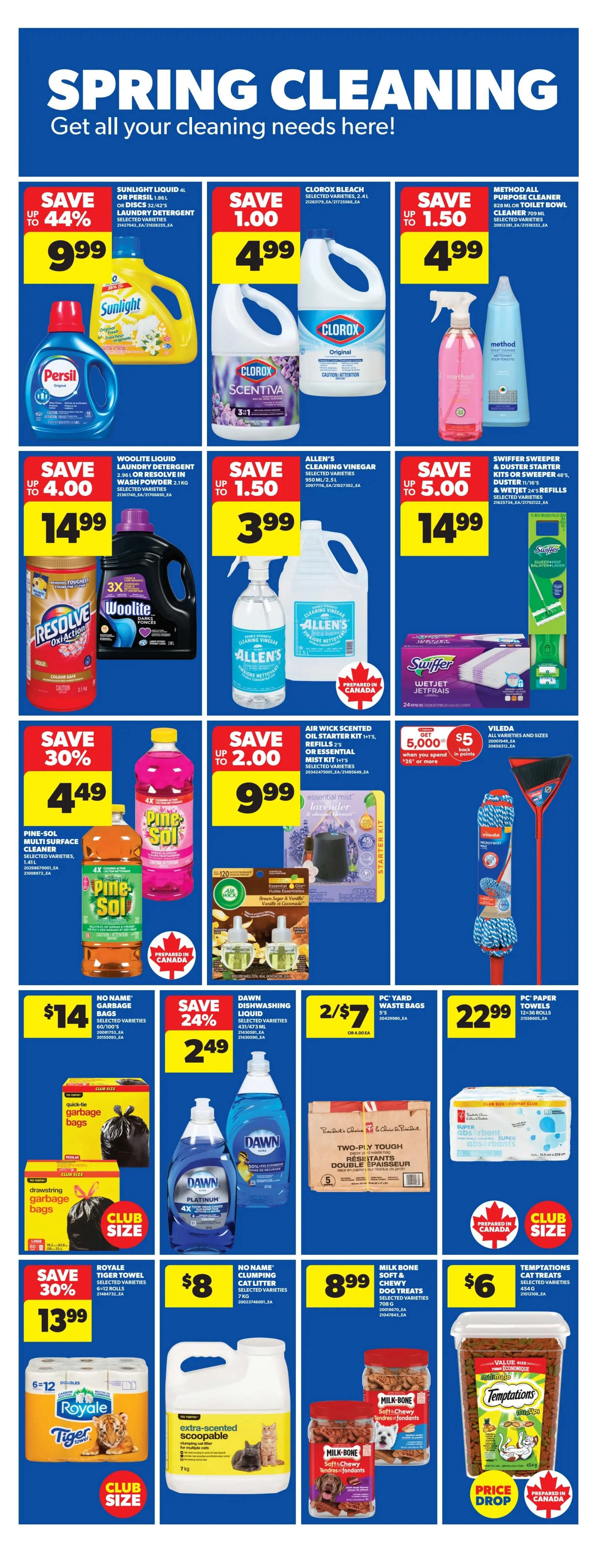 Real Canadian Superstore flyer page 24, featuring Spring Cleaning essentials. Save up to 44% on Sunlight Liquid Laundry Detergent for $9.99. Clorox Bleach (2.4L) is on sale for $4.99 with a $1.00 saving. Method All Purpose Cleaner or Toilet Bowl Cleaner is $4.99, saving up to $1.50. Save up to $4.00 on Woolite Liquid Laundry Detergent or Resolve Oxi Action for $14.99. Allen's Cleaning Vinegar (950mL/2.4L) is $3.99, saving up to $1.50. Swiffer Sweeper or Duster Starter Kits, or Swiffer 48's Duster Refills are $14.99, saving up to $5.00. Pine-Sol Multi Surface Cleaner (1.41L) is $4.49 with a 30% saving. Air Wick Scented Oil Starter Kits or Essential Mist Kit refills are $9.99, saving up to $2.00. Vileda All Sizes are available. No Name Garbage Bags (50/100's) are $14. Dawn Dishwashing Liquid (431/473mL) is 2 for $7, or $4.00 each. PC Yard Waste Bags are $22.99. Royale Tiger Towel (6-12 rolls) is $13.99. No Name Clumping Cat Litter (7kg) is $8. Milk Bone Soft & Chewy Dog Treats are $8.99. Temptations Cat Treats (454g) are $6 with a price drop. All products are available at Real Canadian Superstore.