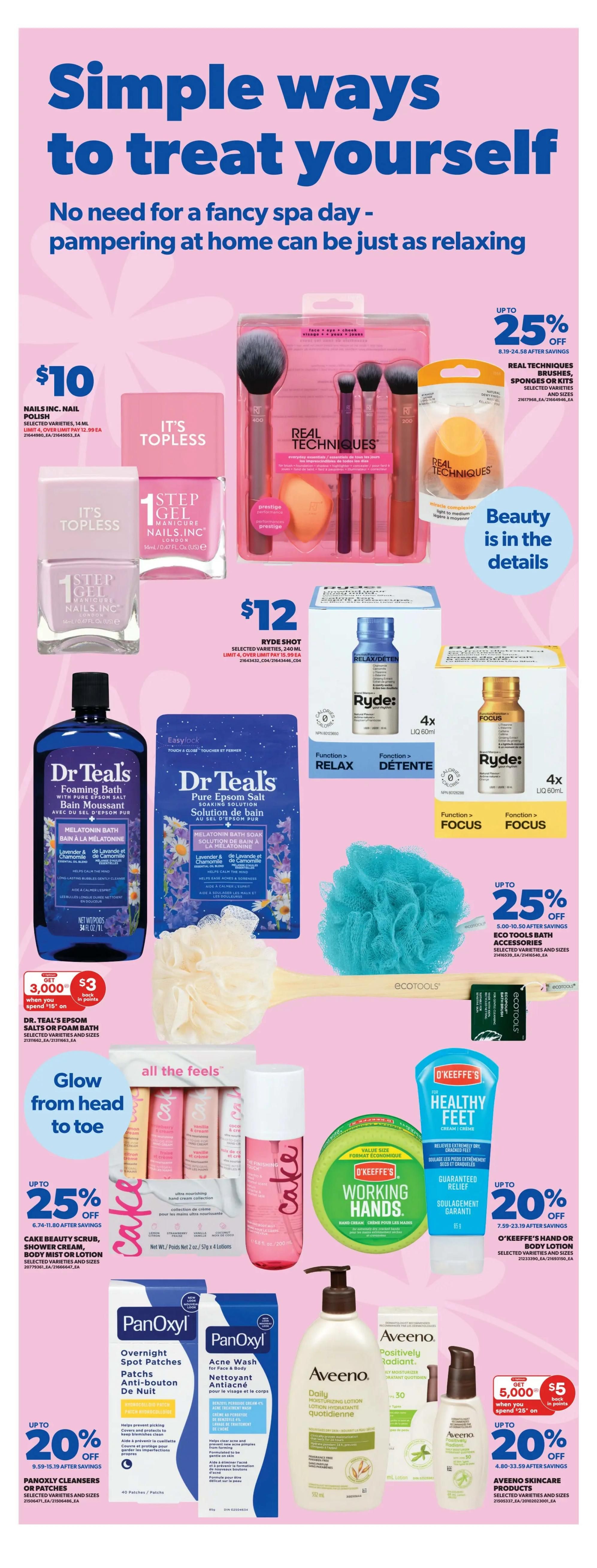Real Canadian Superstore Ontario flyer, page 26, featuring 'Simple ways to treat yourself' with spa and beauty products. Offers include Nails Inc. nail polish for $10, Real Techniques brush and sponge sets up to 25% off, and Ryde Shot selected varieties for $12. Dr. Teal's Epsom Salts or Foaming Bath are on sale with a 'Get $3 back in points when you spend $15 on Dr. Teal's'. Cake Beauty scrub, shower cream, body mist or lotion is up to 25% off. PanOxyl Cleansers or Patches are 20% off. O'Keeffe's Healthy Feet cream and Working Hands cream are up to 20% off. Aveeno Skincare products are up to 20% off, with a 'Get 5,000 back in points when you spend $25 on Aveeno'. Also featured are various bath accessories and body care items.